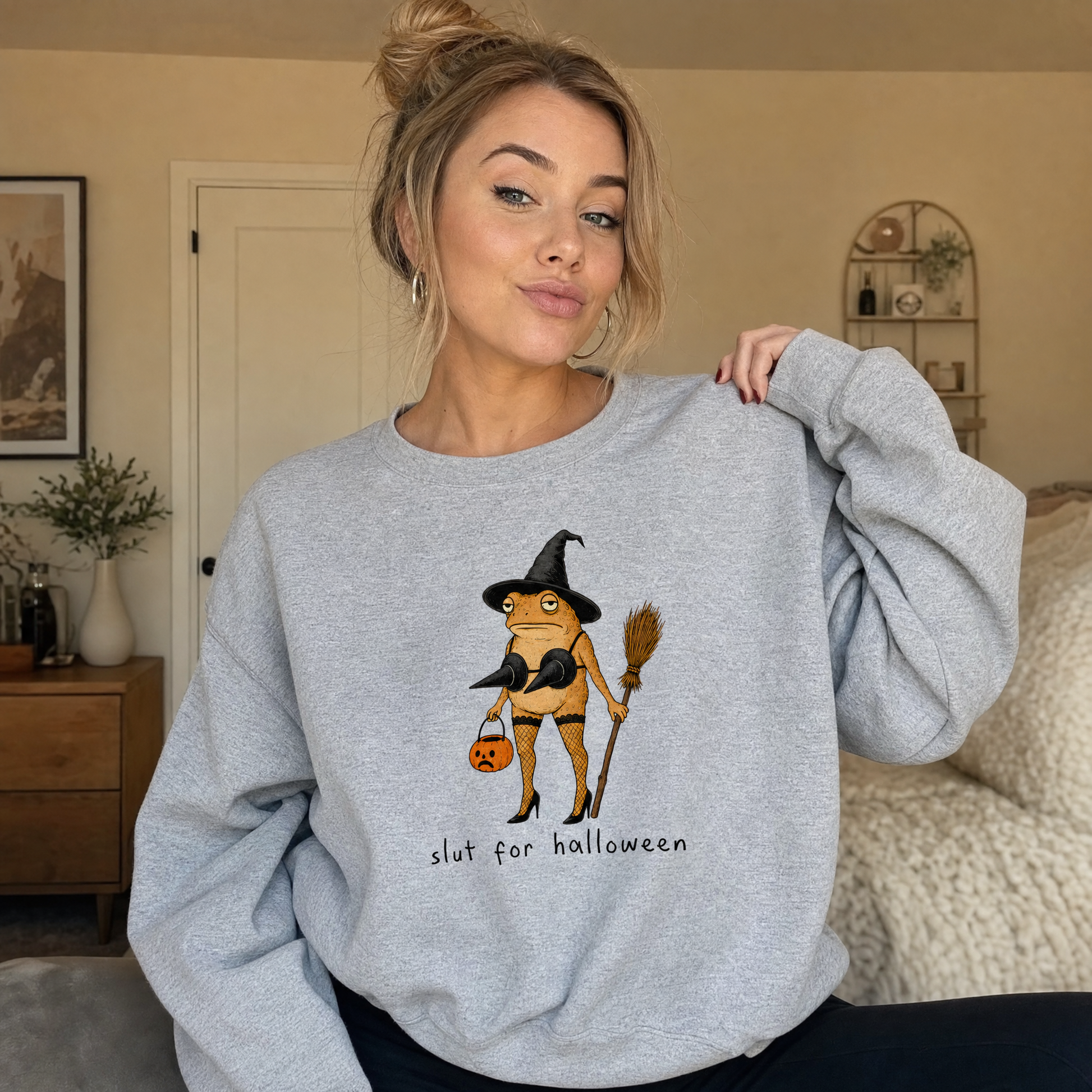 Model wearing the Slut For Halloween sweatshirt in Sport Grey