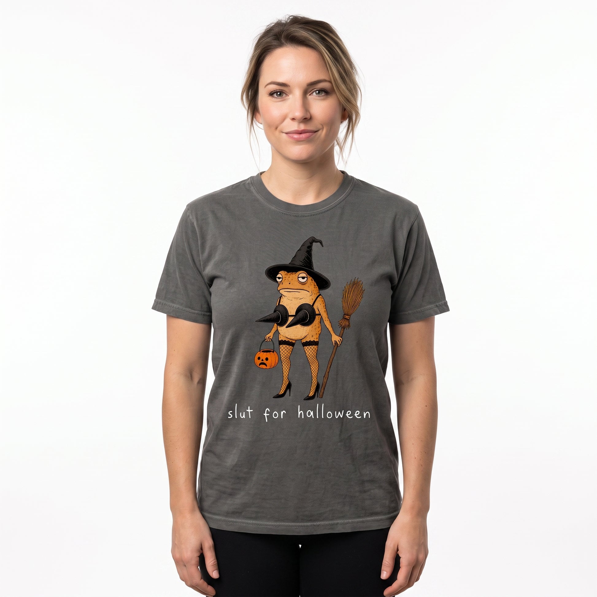Model wearing the Slut For Halloween comfort colors tee in Pepper, cover image 1