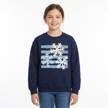 Model wearing the Snowflakes youth sweatshirt in Navy, cover image 1