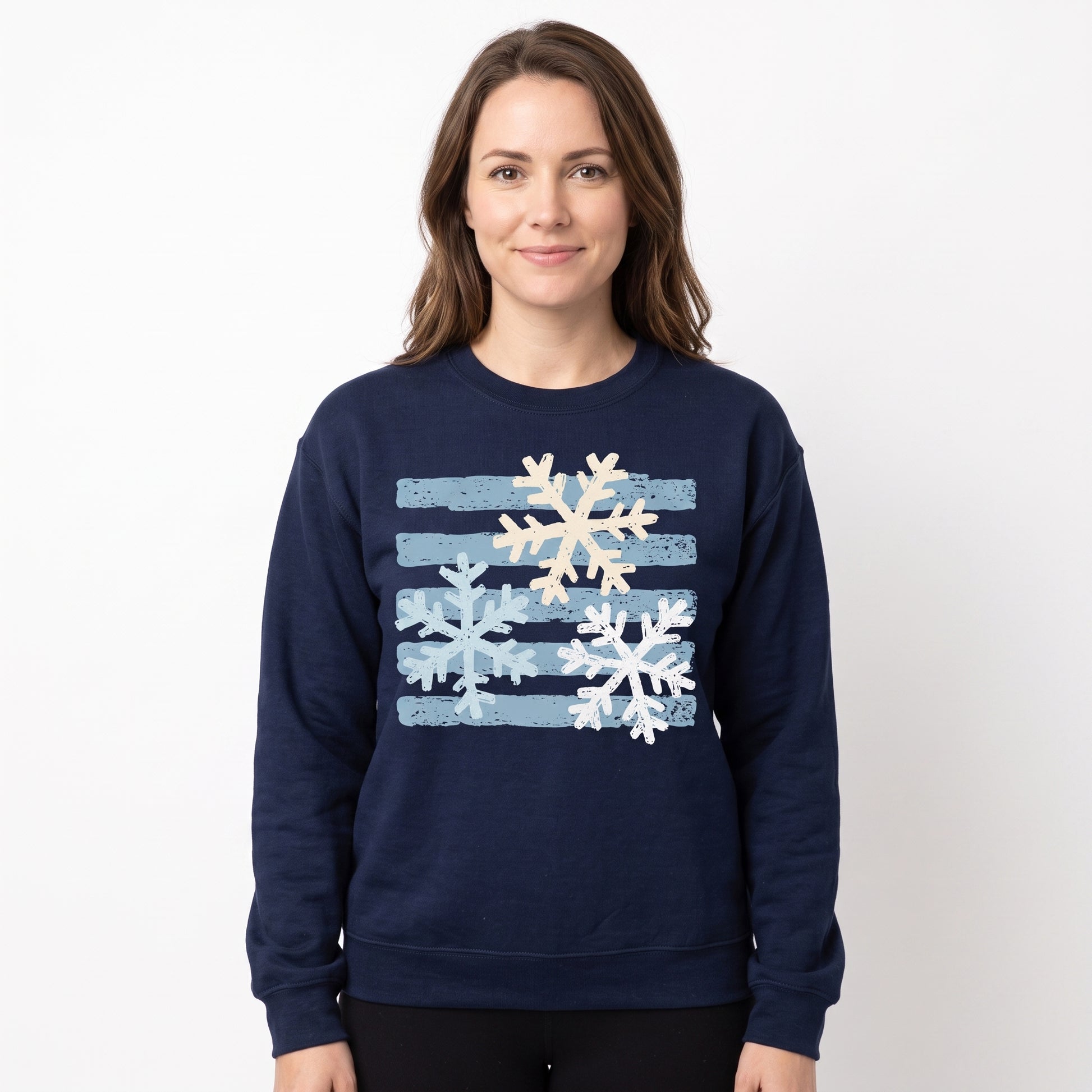 Model wearing the Snowflakes sweatshirt in Navy, cover image 1