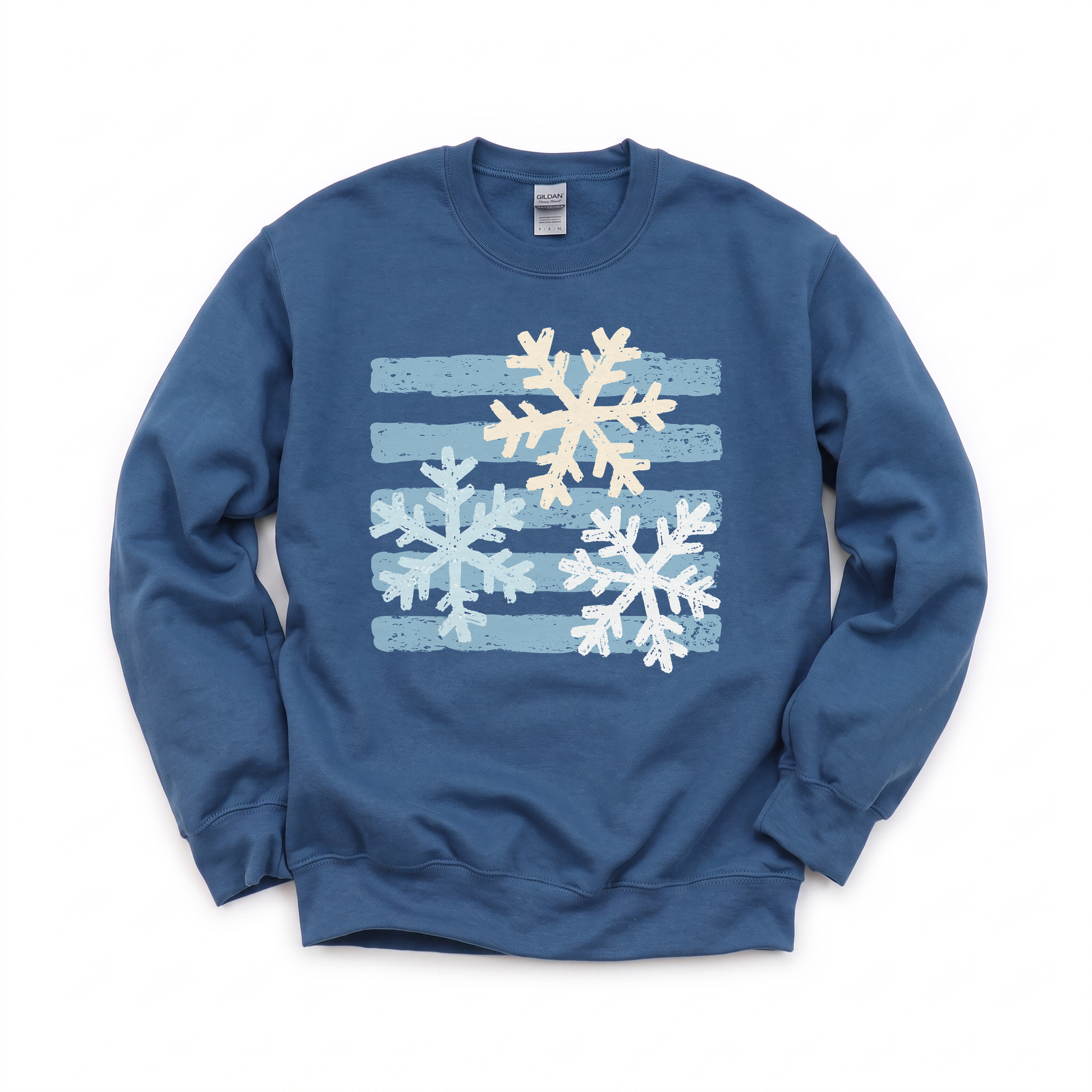 Snowflakes graphic on Gildan 18000 in Indigo Blue