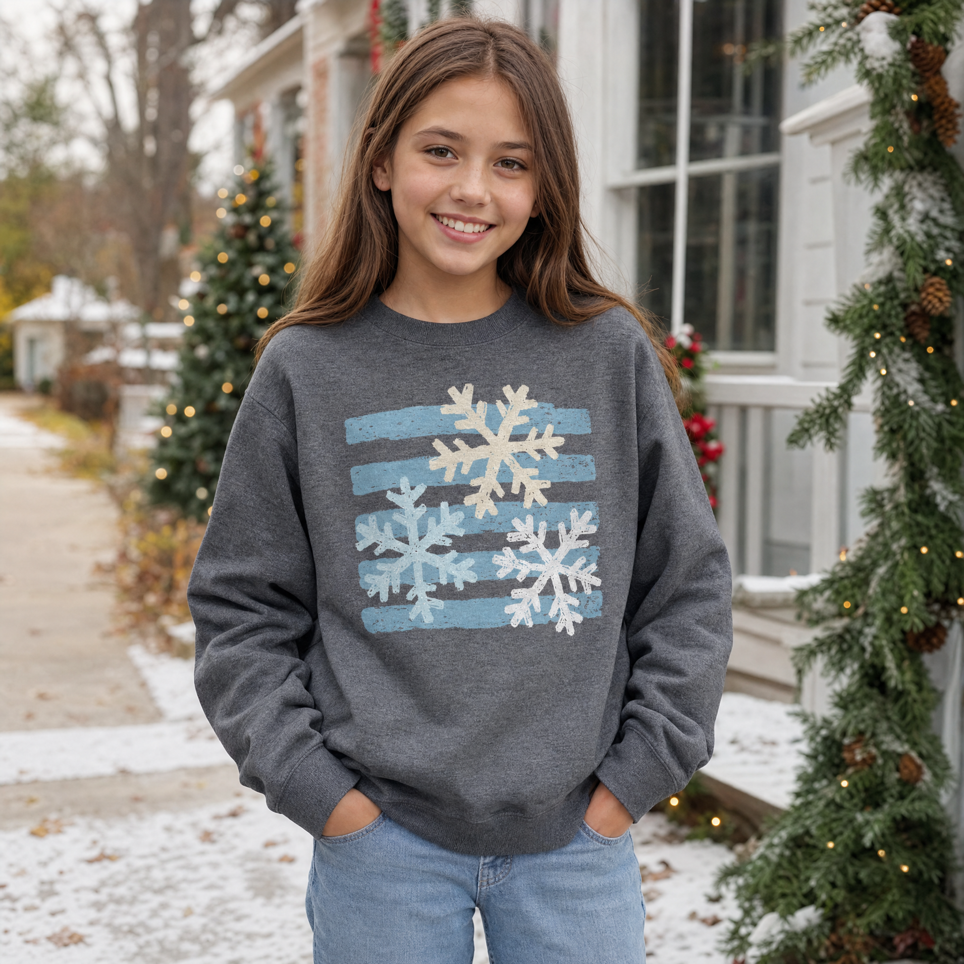 Model wearing the Snowflakes youth sweatshirt in Dark Heather