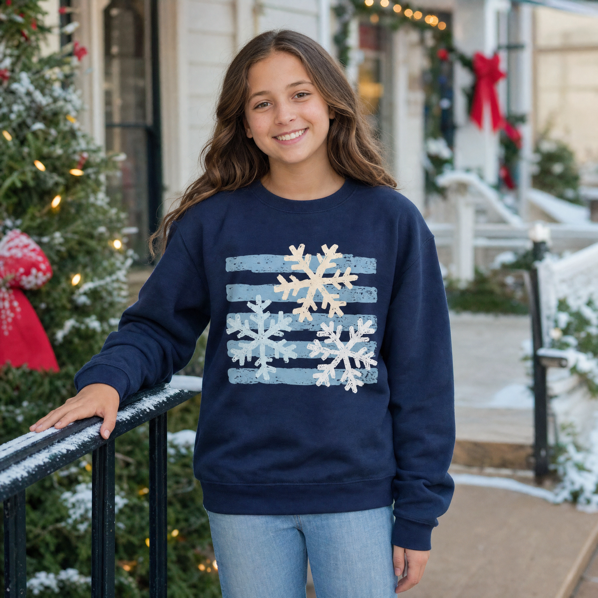 Model wearing the Snowflakes youth sweatshirt in Navy, lifestyle image 1