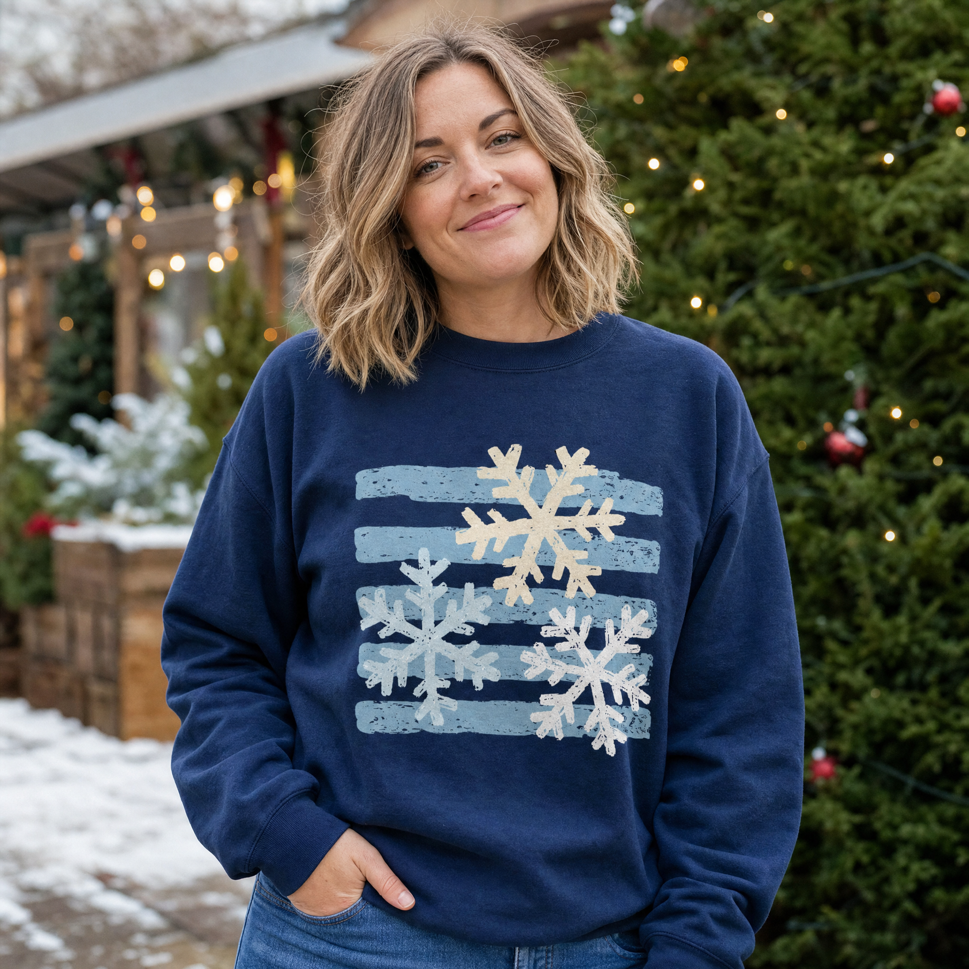 Model wearing the Snowflakes sweatshirt in Navy, lifestyle image 1