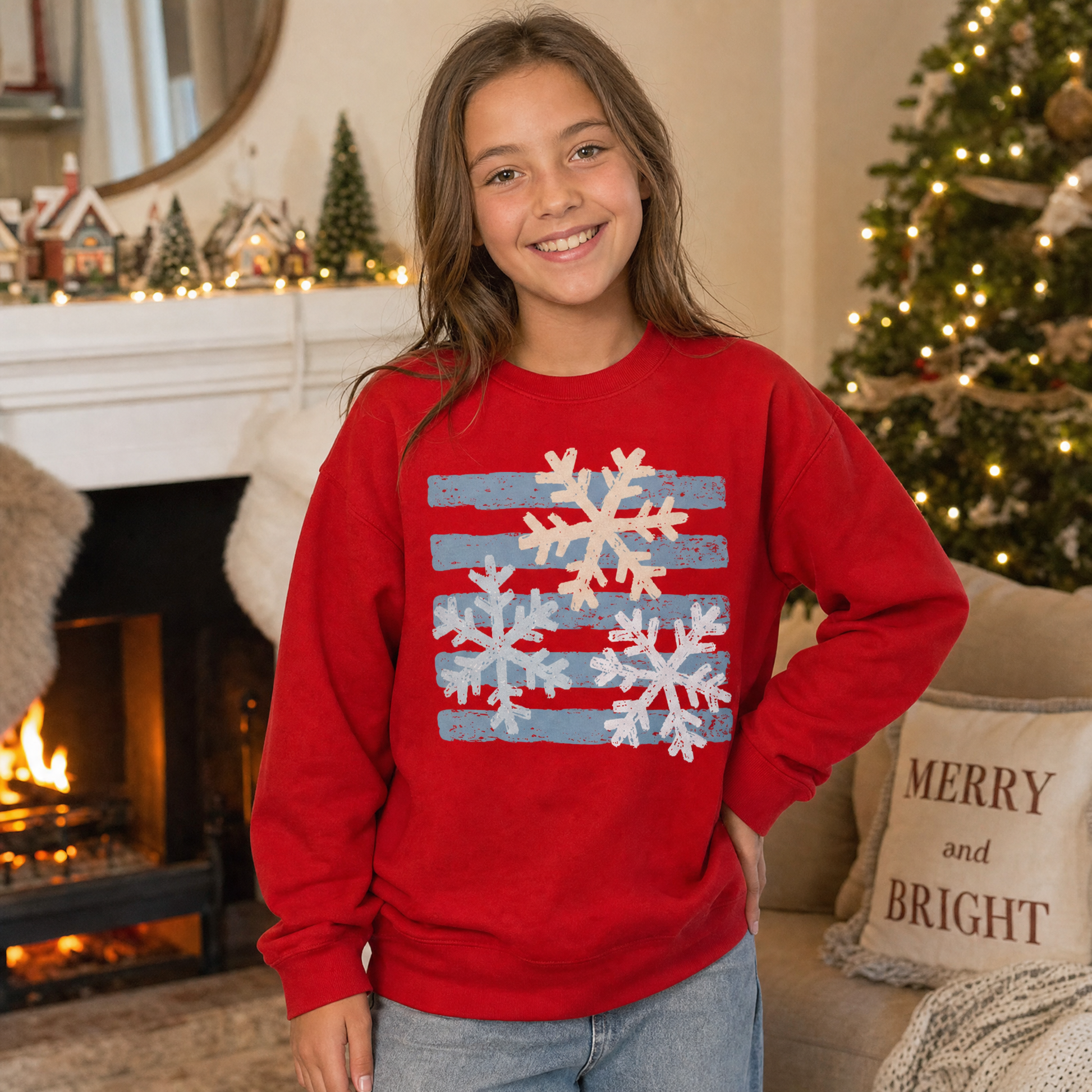 Model wearing the Snowflakes youth sweatshirt in Red
