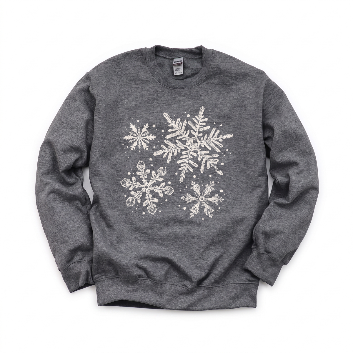Snowflakes graphic on Gildan 18000 in Dark Heather