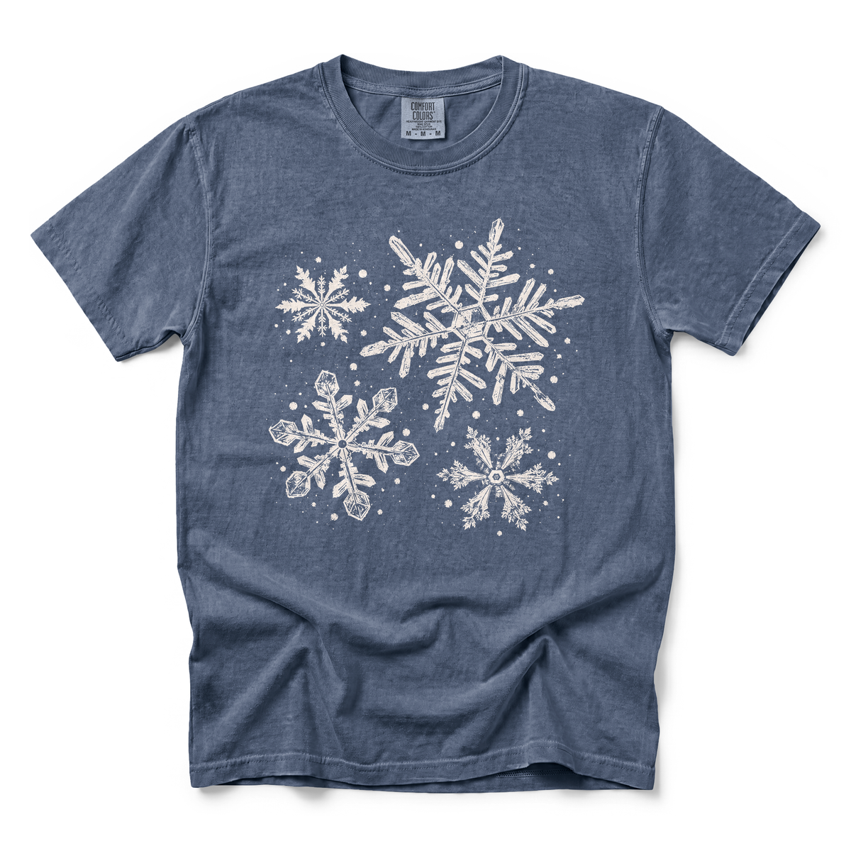 Snowflakes graphic on Comfort Colors 1717 in Denim