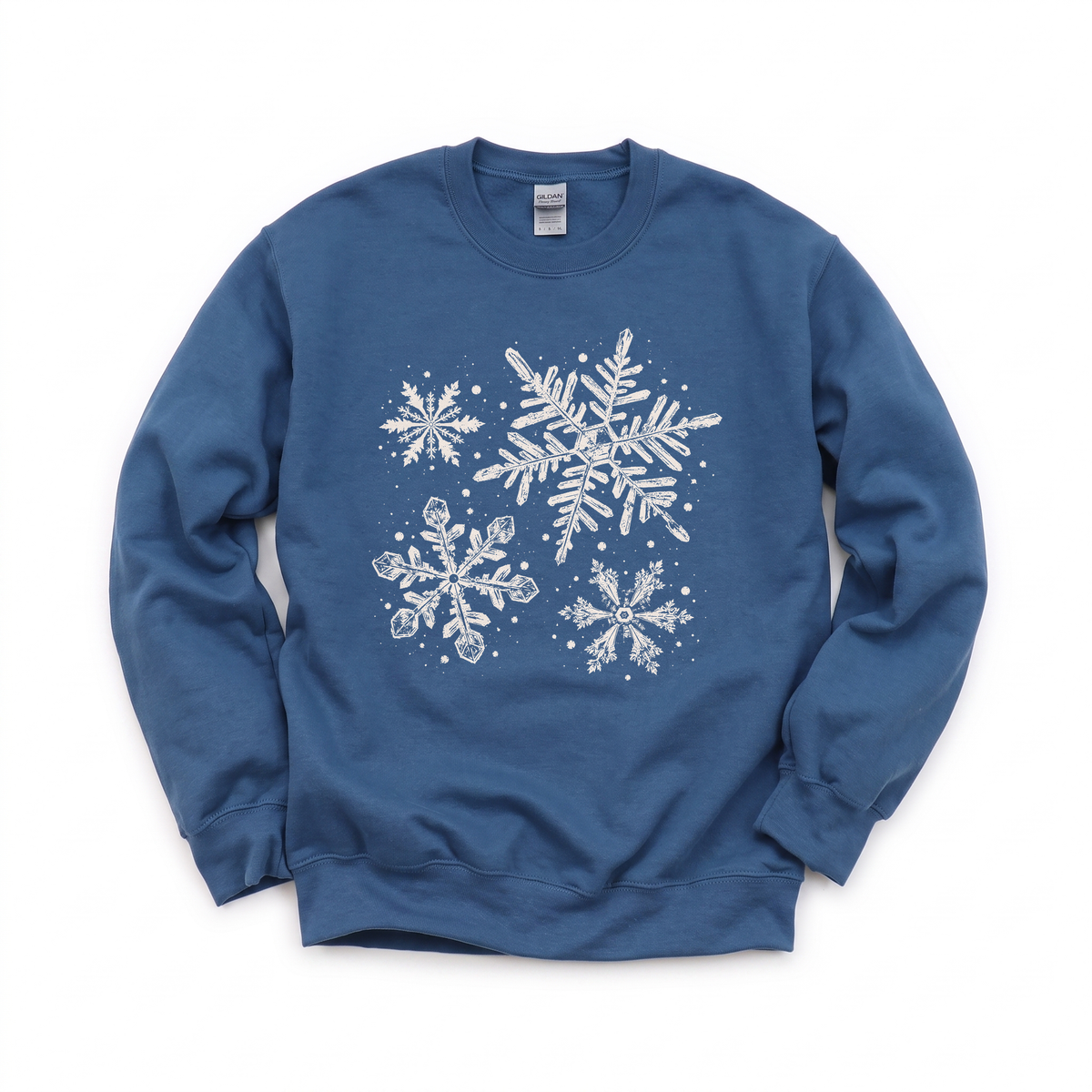 Snowflakes graphic on Gildan 18000 in Indigo Blue