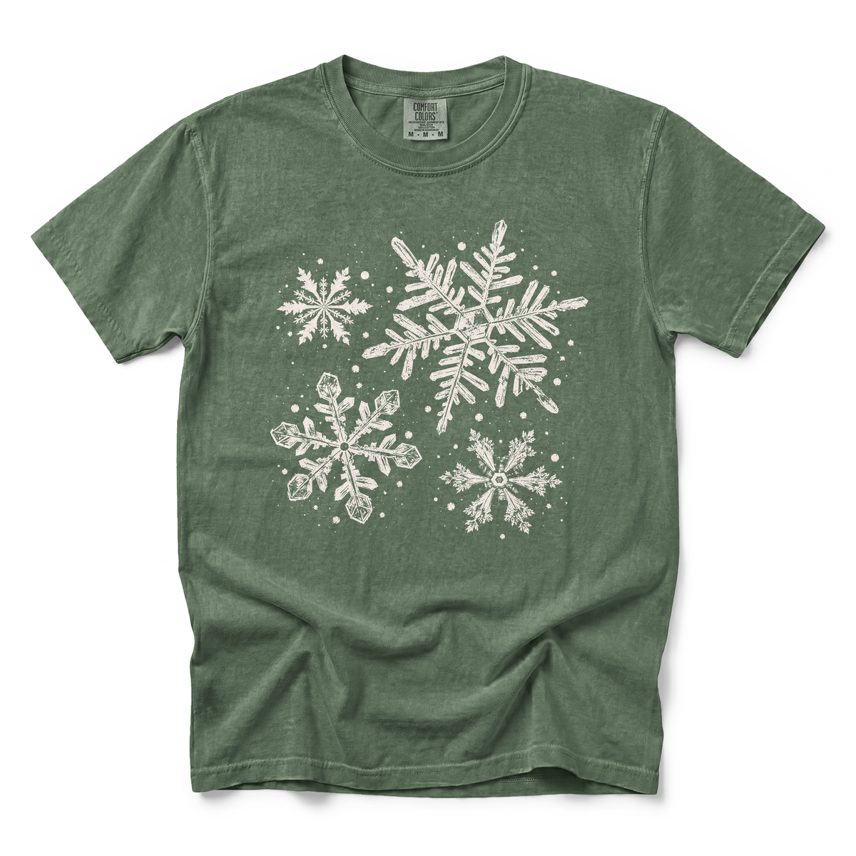 Snowflakes graphic on Comfort Colors 1717 in Moss