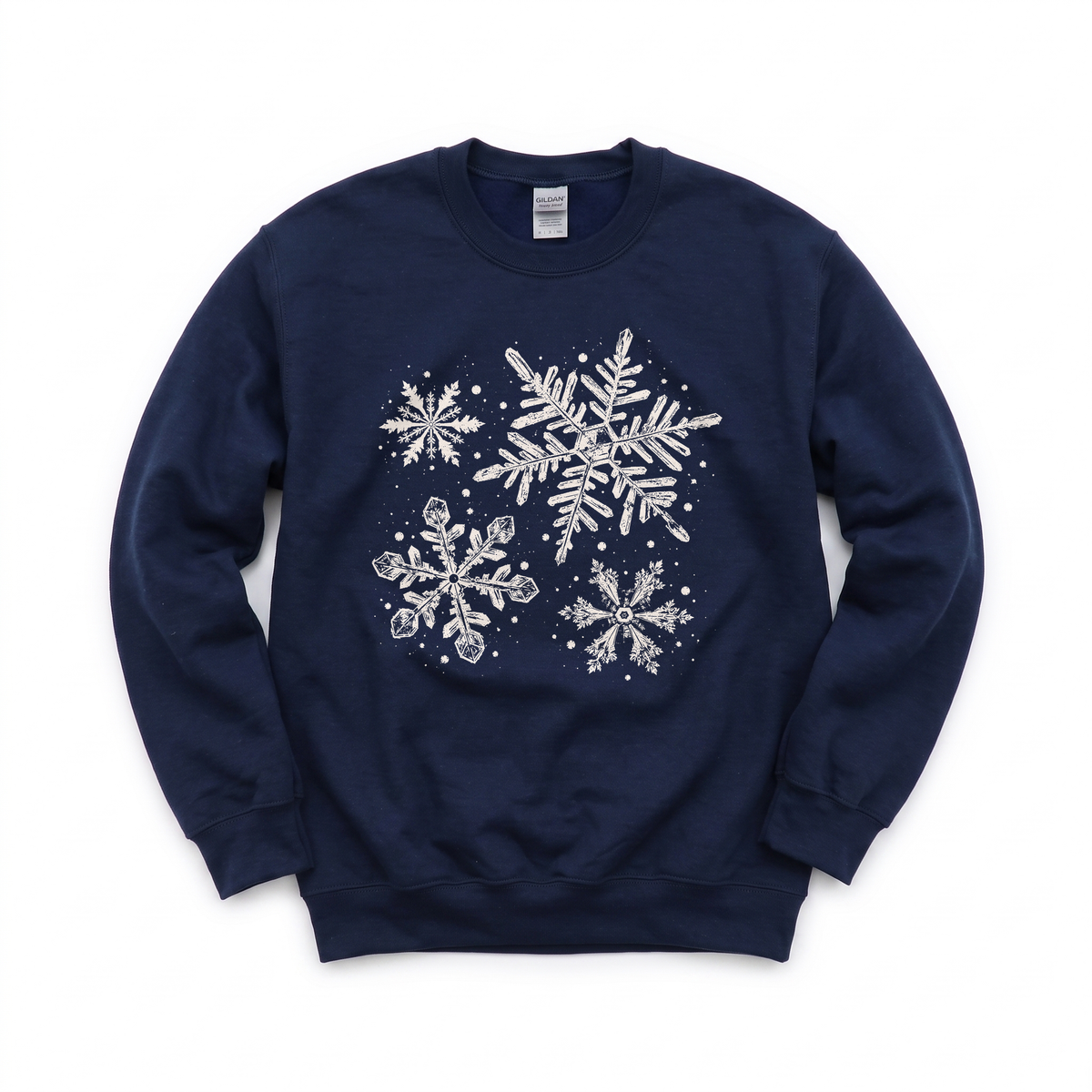 Snowflakes graphic on Gildan 18000 in Navy