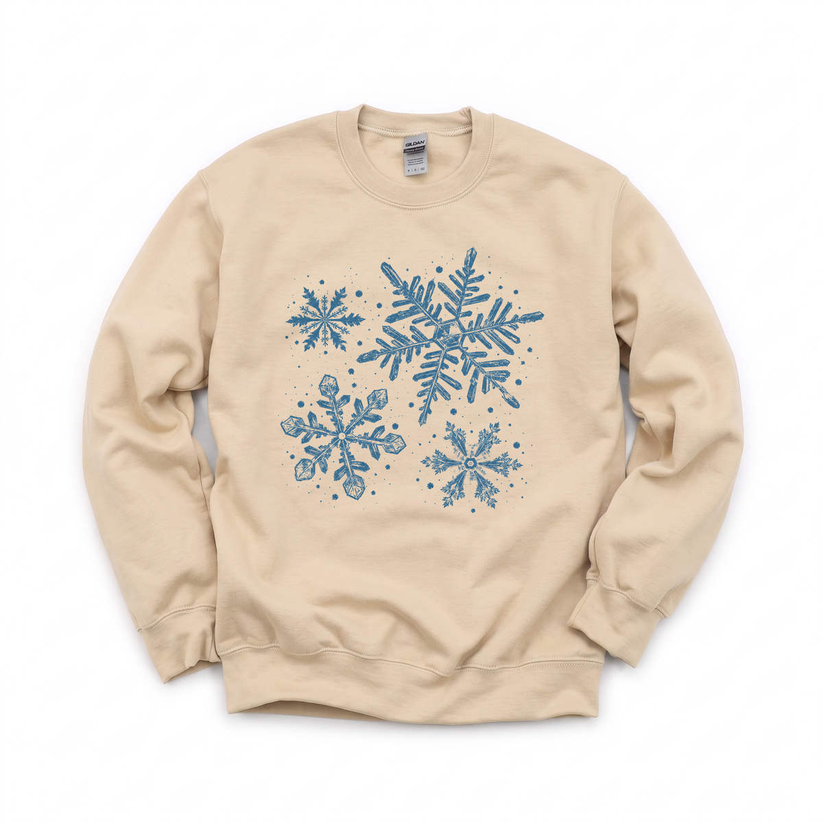 Snowflakes graphic on Gildan 18000 in Sand