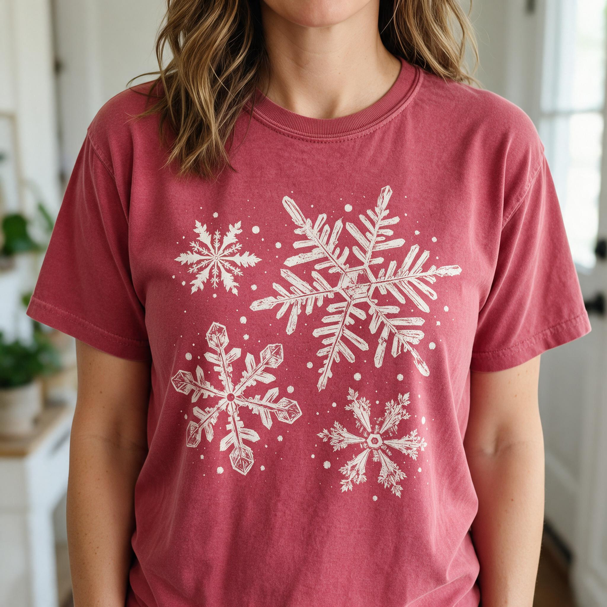Model wearing the Snowflakes comfort colors tee in Crimson
