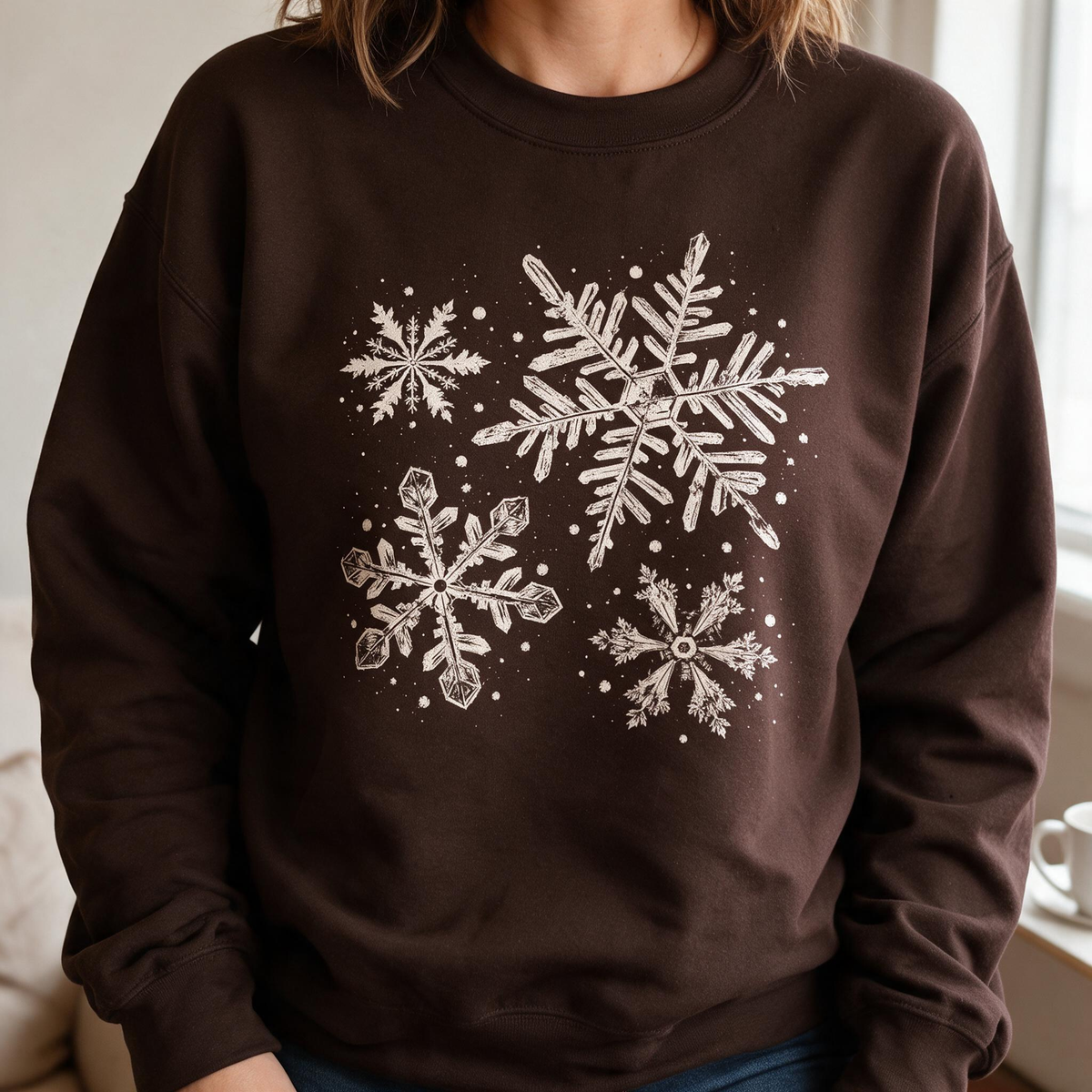Model wearing the Snowflakes sweatshirt in Dark Chocolate, lifestyle image 1