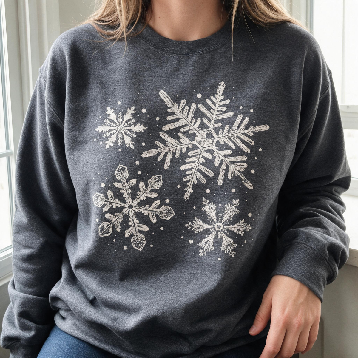 Model wearing the Snowflakes sweatshirt in Dark Heather
