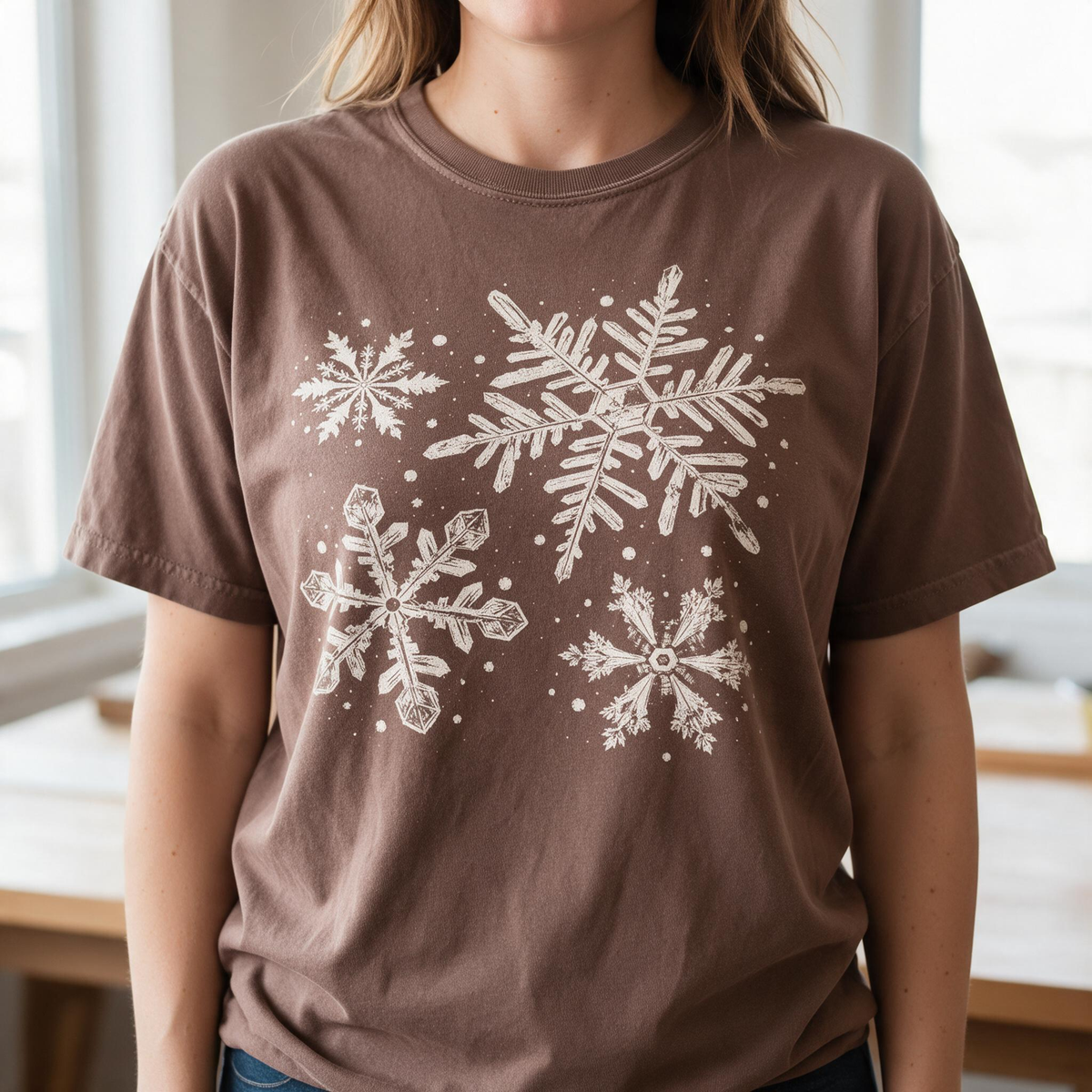 Model wearing the Snowflakes comfort colors tee in Espresso