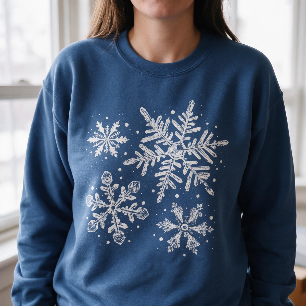 Model wearing the Snowflakes sweatshirt in Indigo Blue