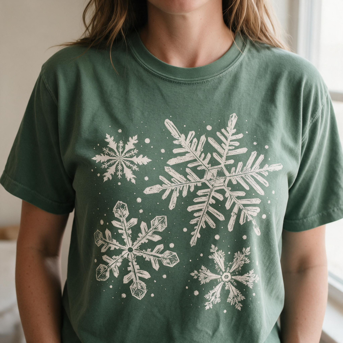 Model wearing the Snowflakes comfort colors tee in Moss