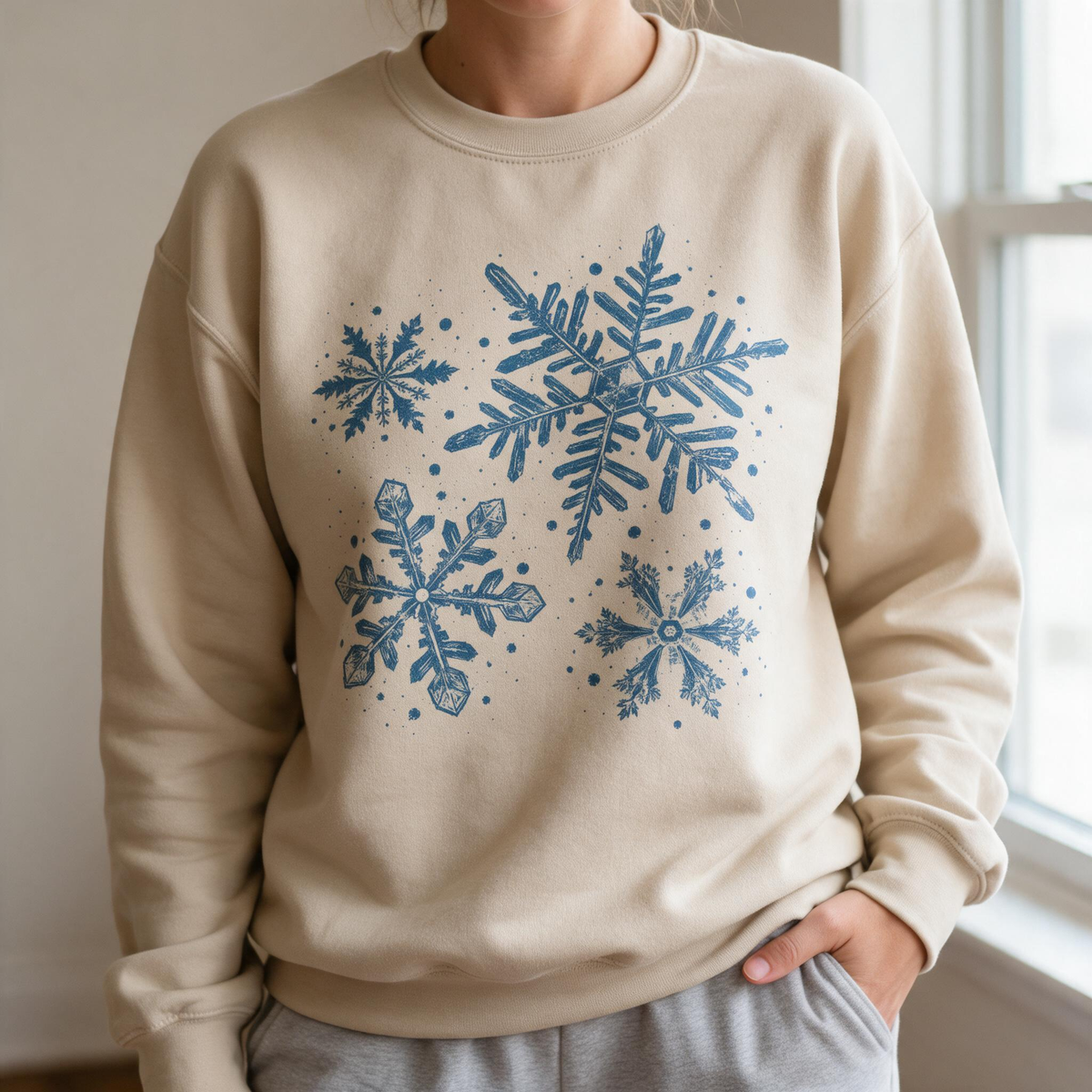 Model wearing the Snowflakes sweatshirt in Sand