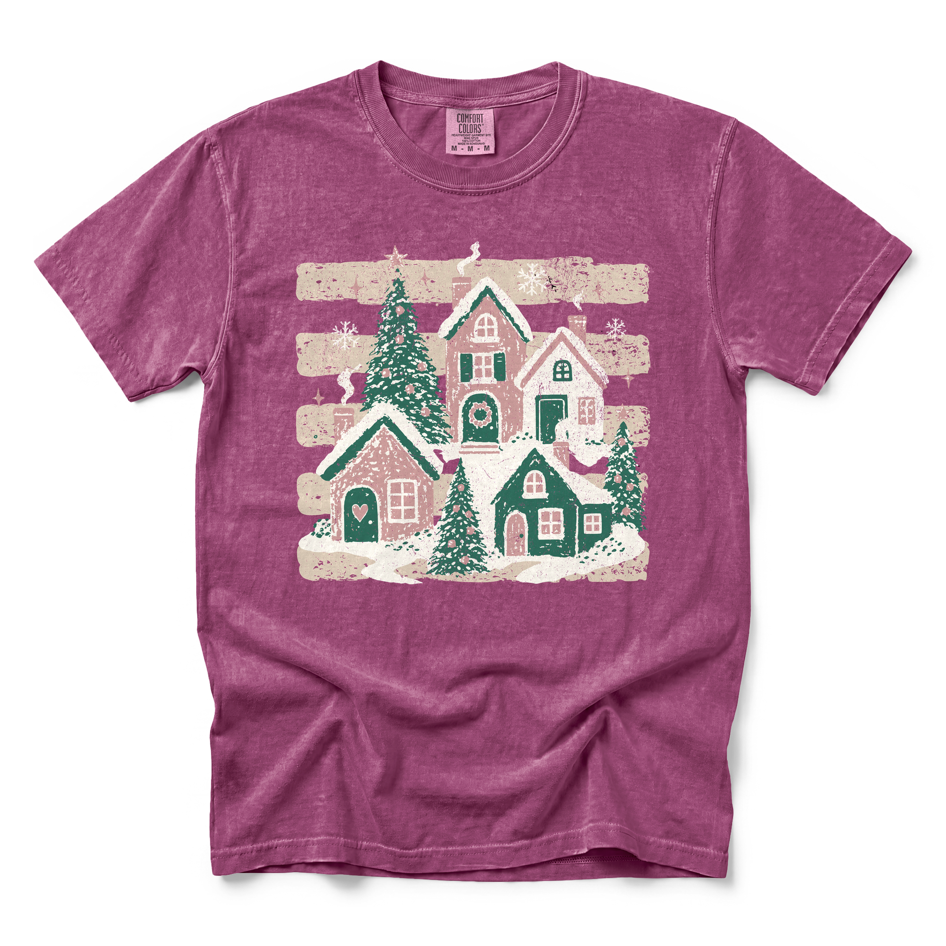Snowy Christmas Village graphic on Comfort Colors 1717 in Berry
