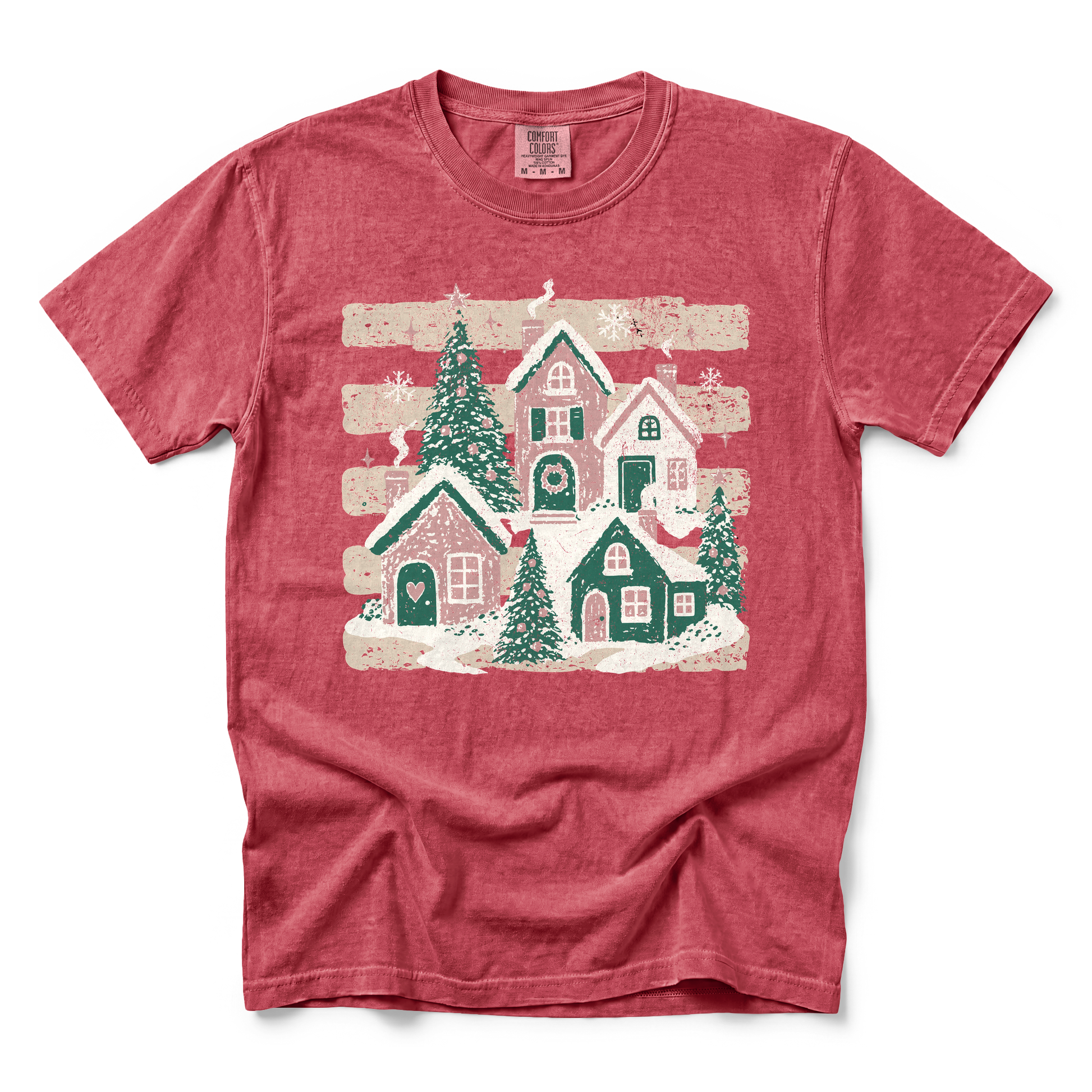 Snowy Christmas Village graphic on Comfort Colors 1717 in Crimson