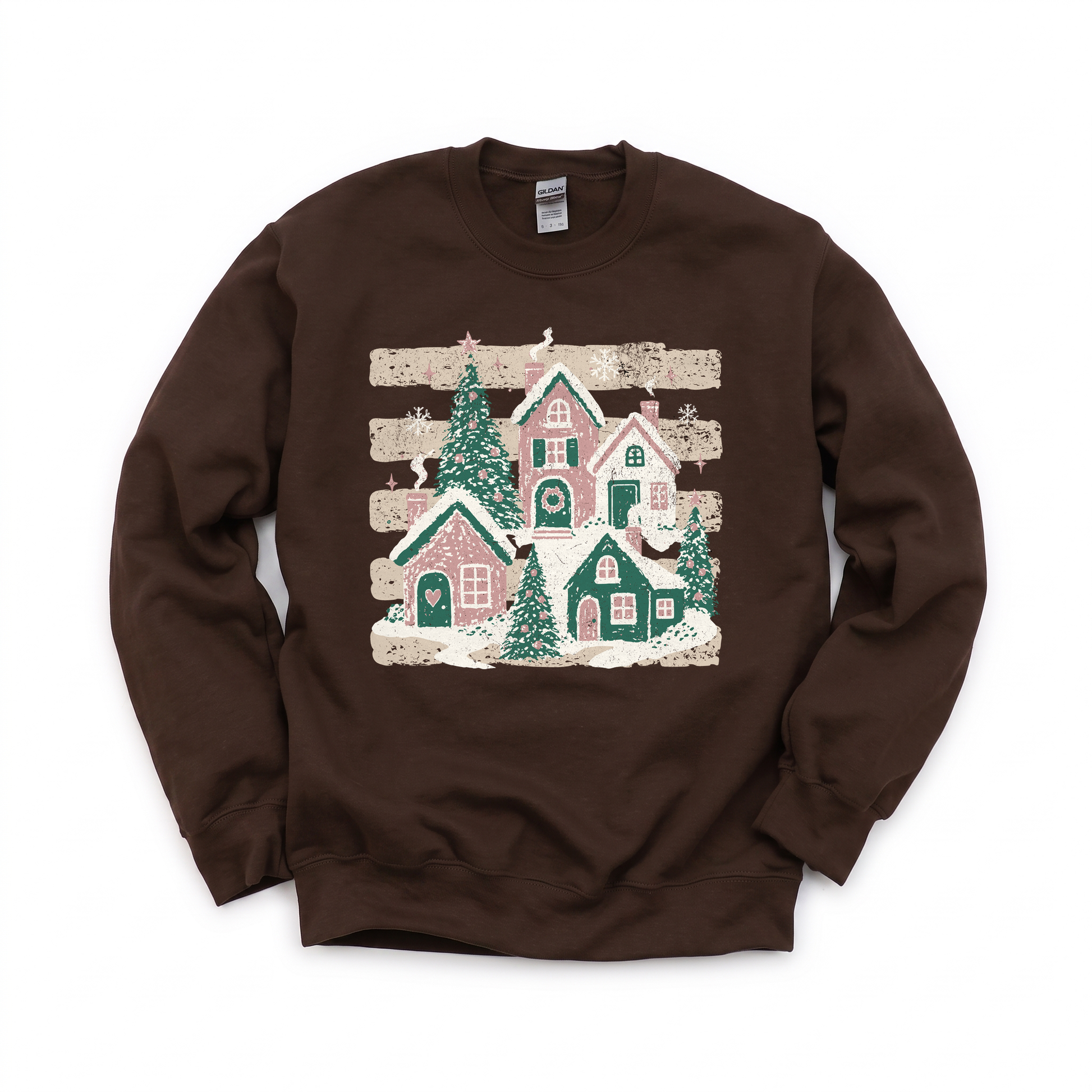 Snowy Christmas Village graphic on Gildan 18000 in Dark Chocolate