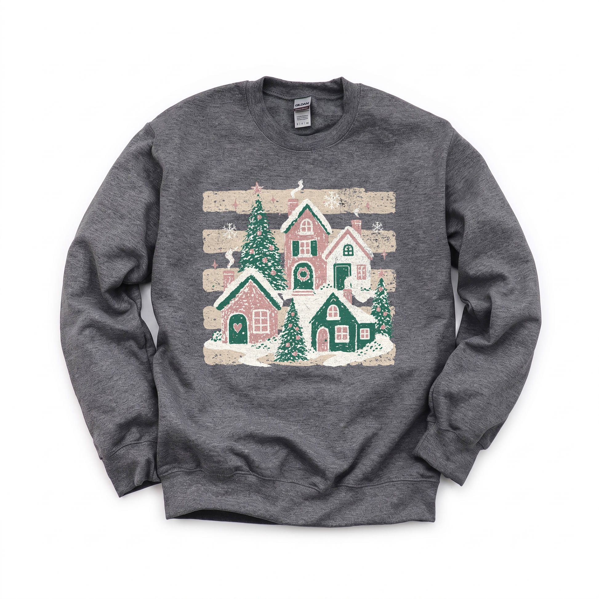 Snowy Christmas Village graphic on Gildan 18000 in Dark Heather