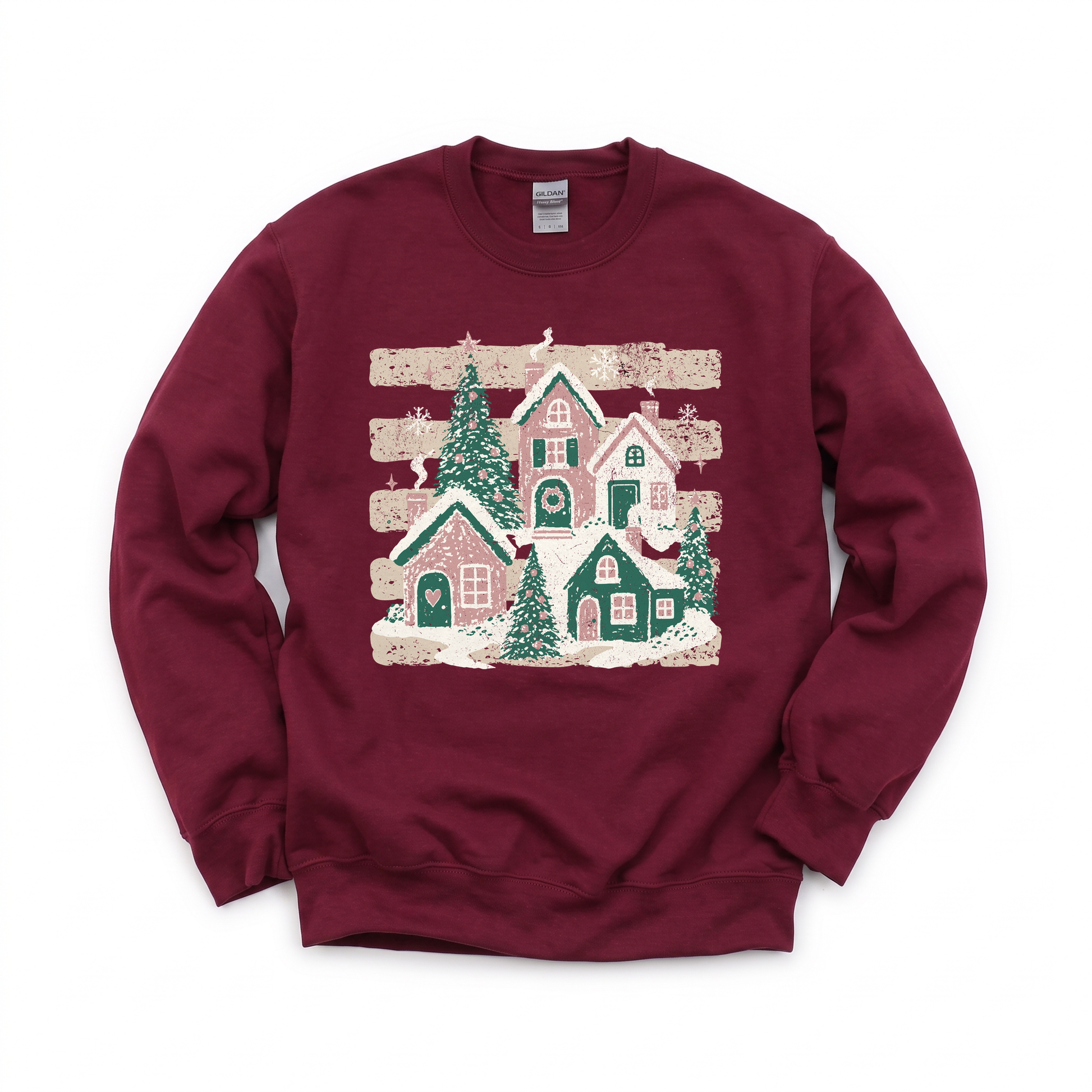 Snowy Christmas Village graphic on Gildan 18000 in Maroon