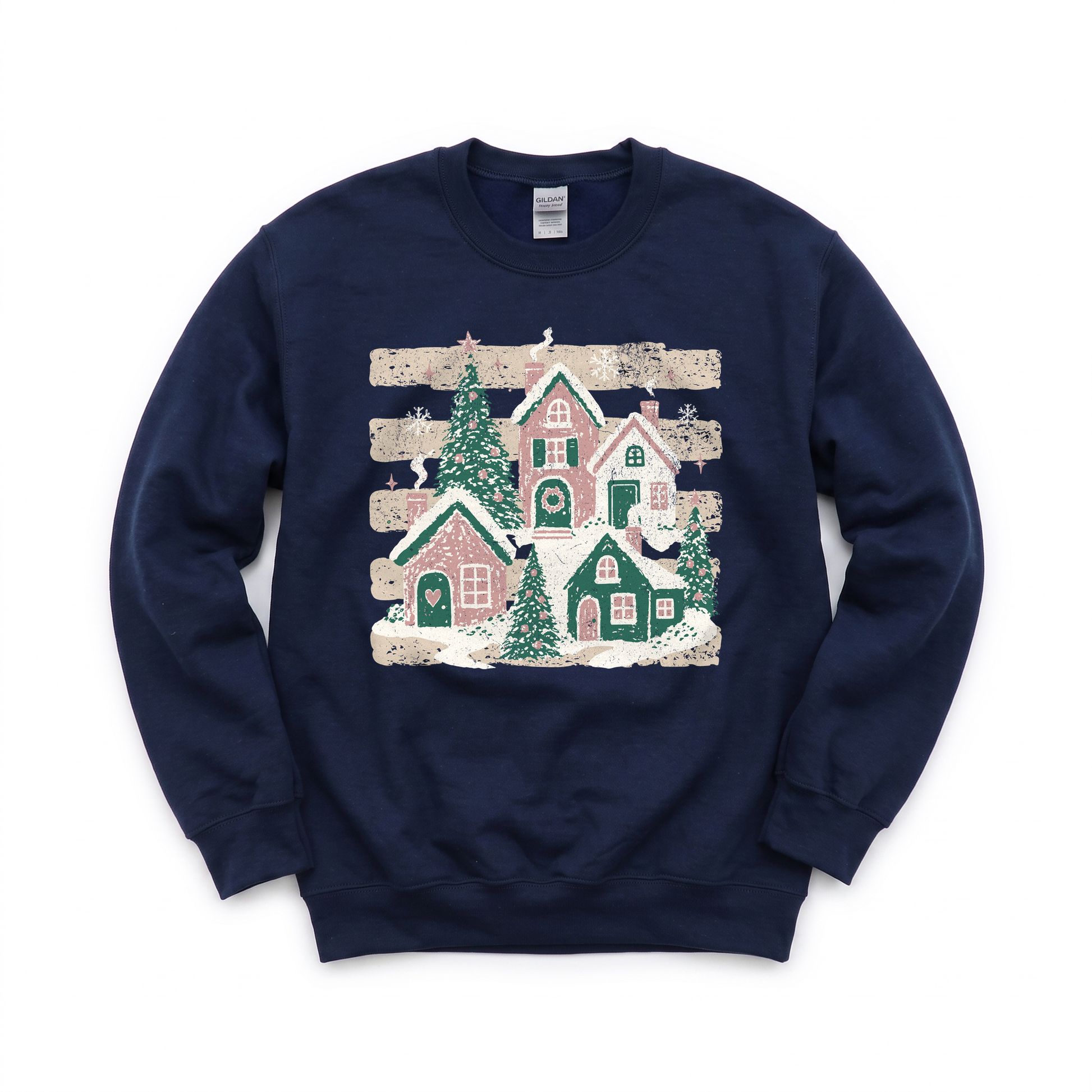 Snowy Christmas Village graphic on Gildan 18000 in Navy