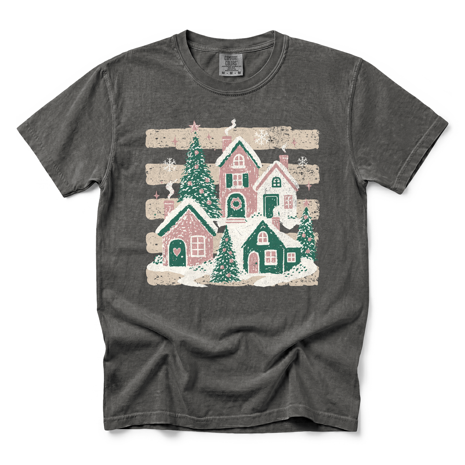 Snowy Christmas Village graphic on Comfort Colors 1717 in Pepper