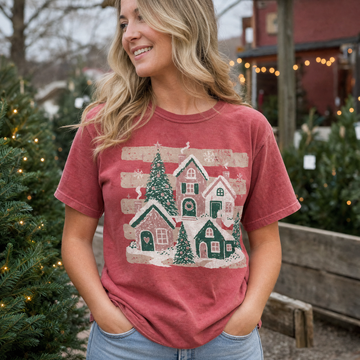 Model wearing the Snowy Christmas Village comfort colors tee in Crimson, lifestyle image 1