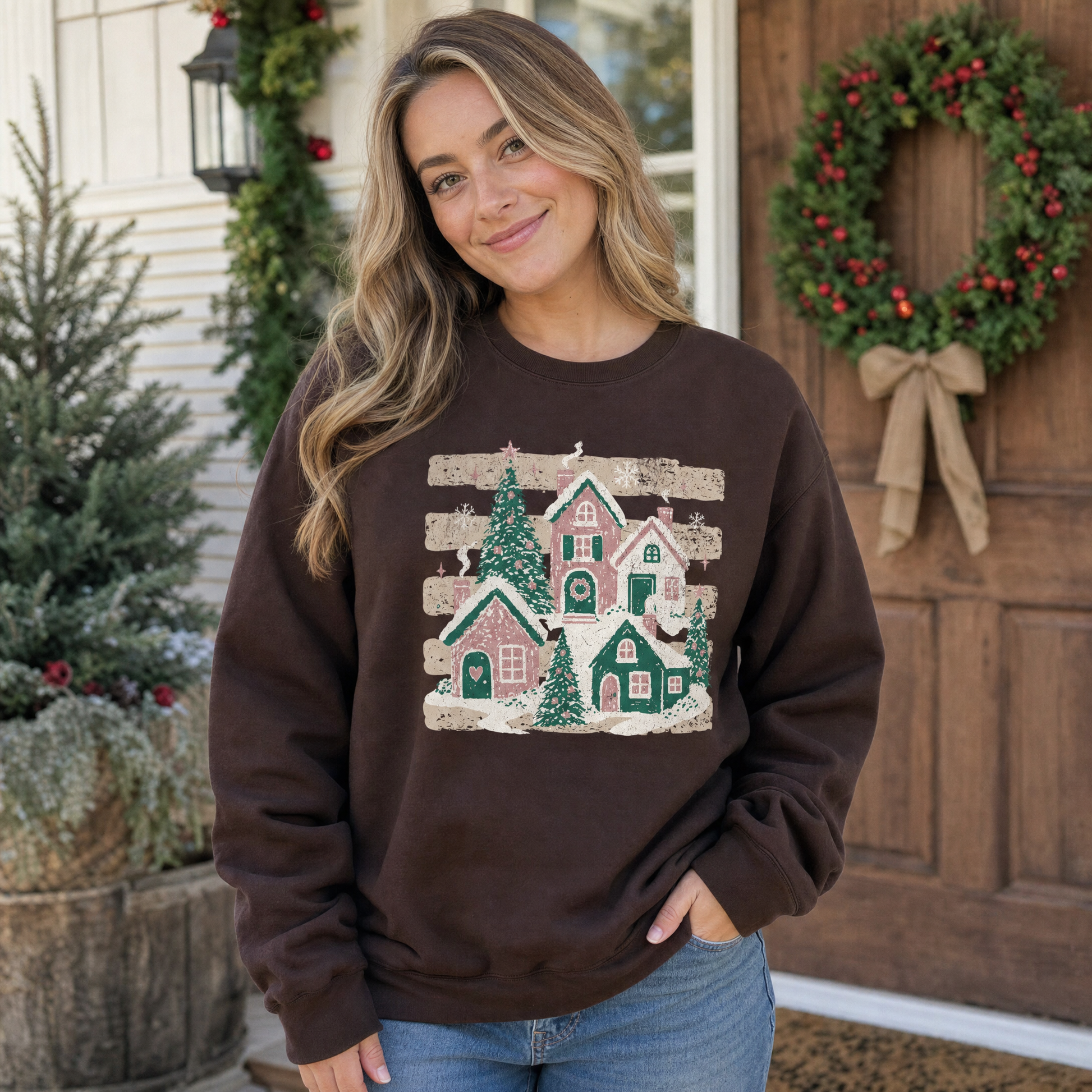 Model wearing the Snowy Christmas Village sweatshirt in Dark Chocolate