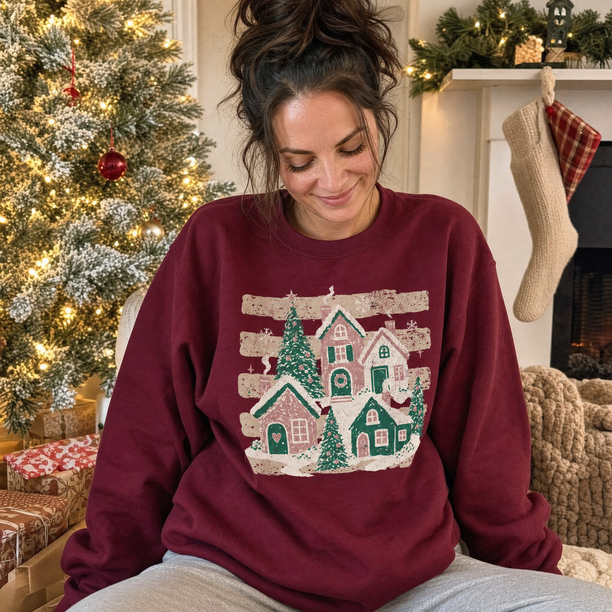 Model wearing the Snowy Christmas Village sweatshirt in Maroon, lifestyle image 1