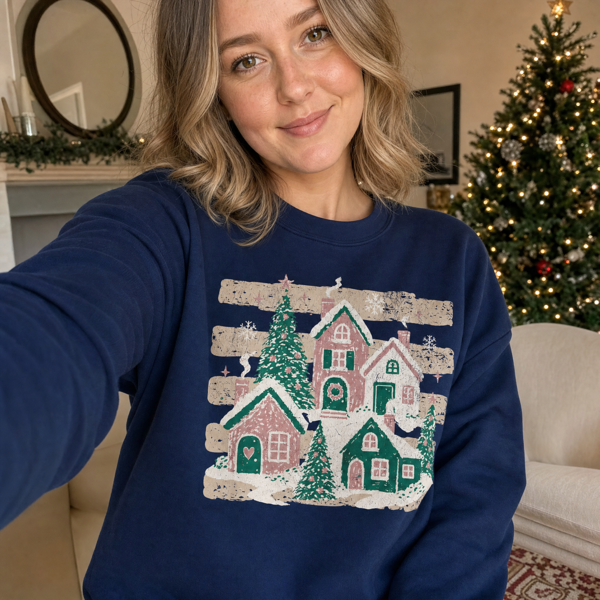 Model wearing the Snowy Christmas Village sweatshirt in Navy