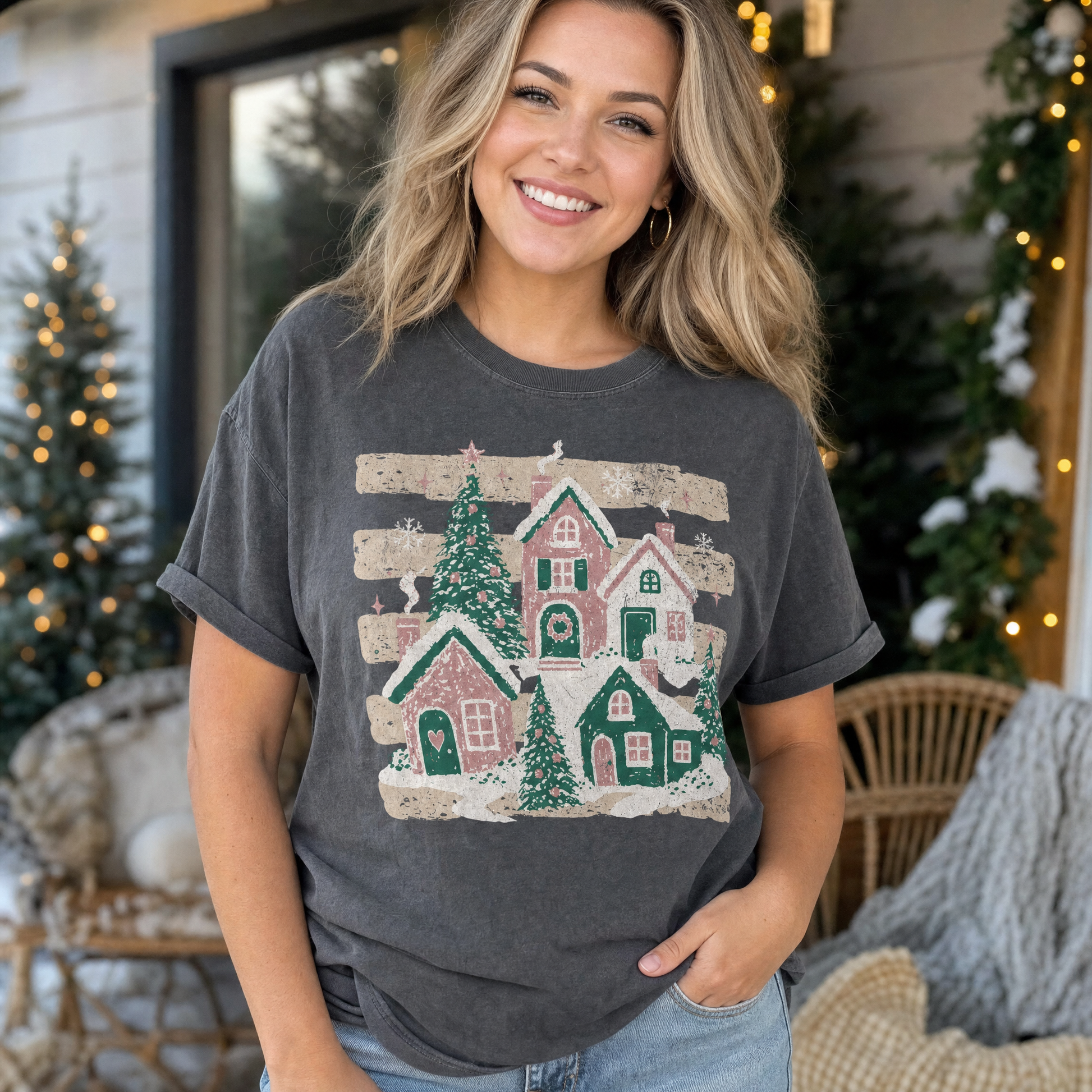 Model wearing the Snowy Christmas Village comfort colors tee in Pepper