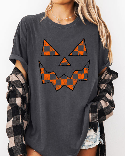 Spooky Jack-o-lantern, Retro Halloween, Pumpkin, Fall, Autumn, Checkered Shirt