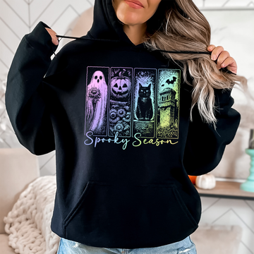Spooky Season Pastel Vintage Halloween Horror Night Denim-Inspired Patchwork Ghost Graphic Hoodie