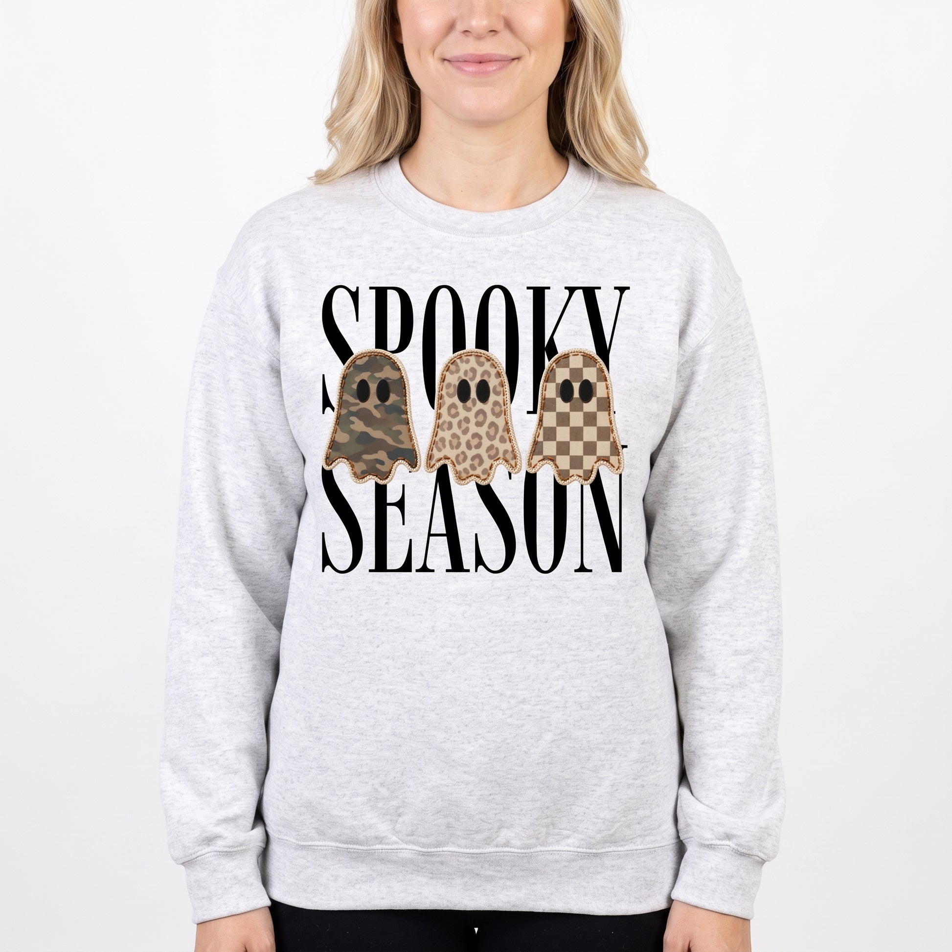 Model wearing the Spooky Season Ghosts sweatshirt in Ash, cover image 1