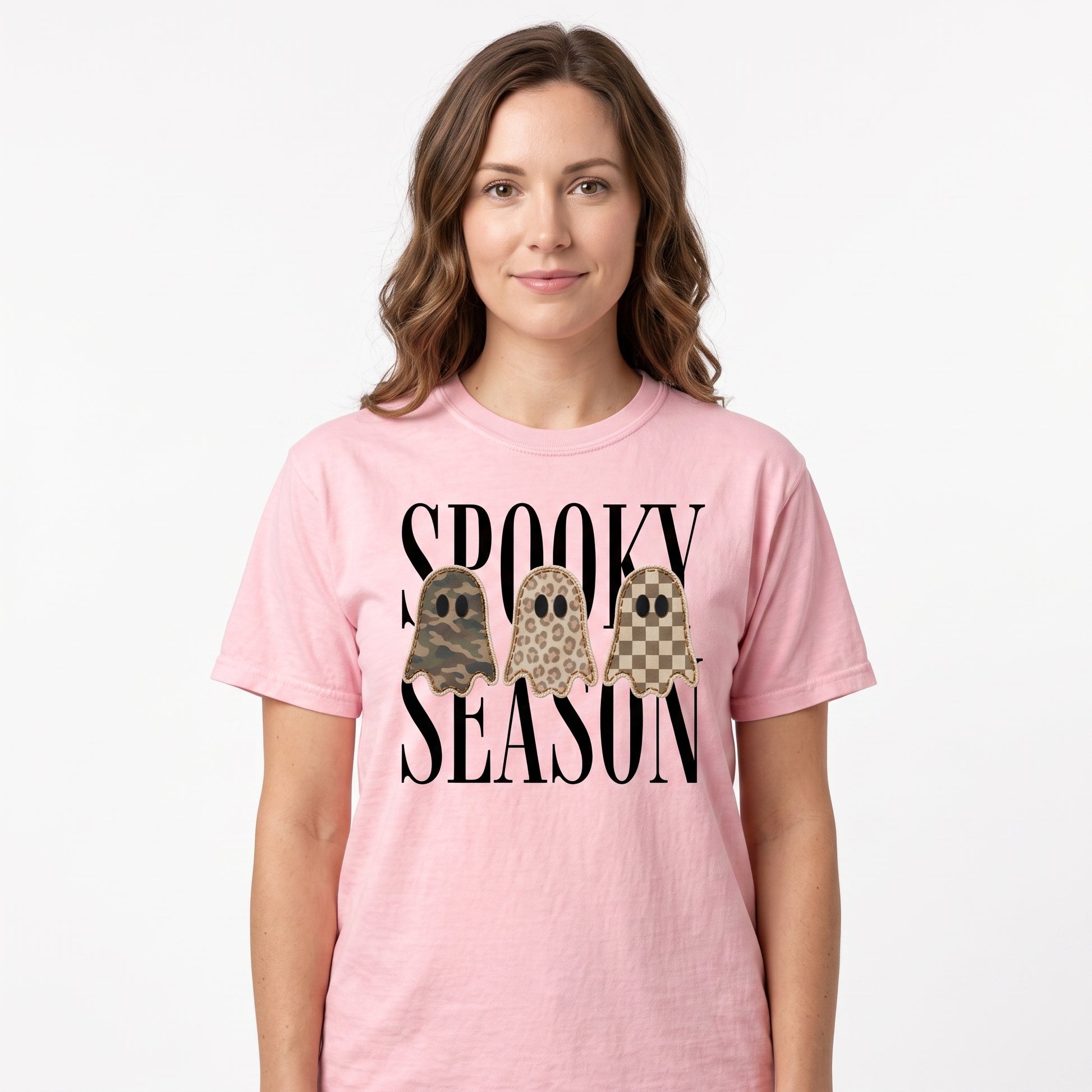 Model wearing the Spooky Season Ghosts comfort colors tee in Blossom, cover image 1
