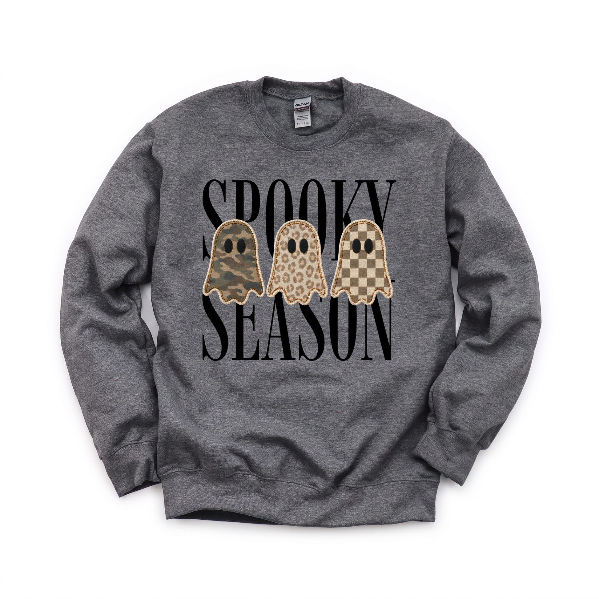 Spooky Season Ghosts graphic on Gildan 18000 in Dark Heather