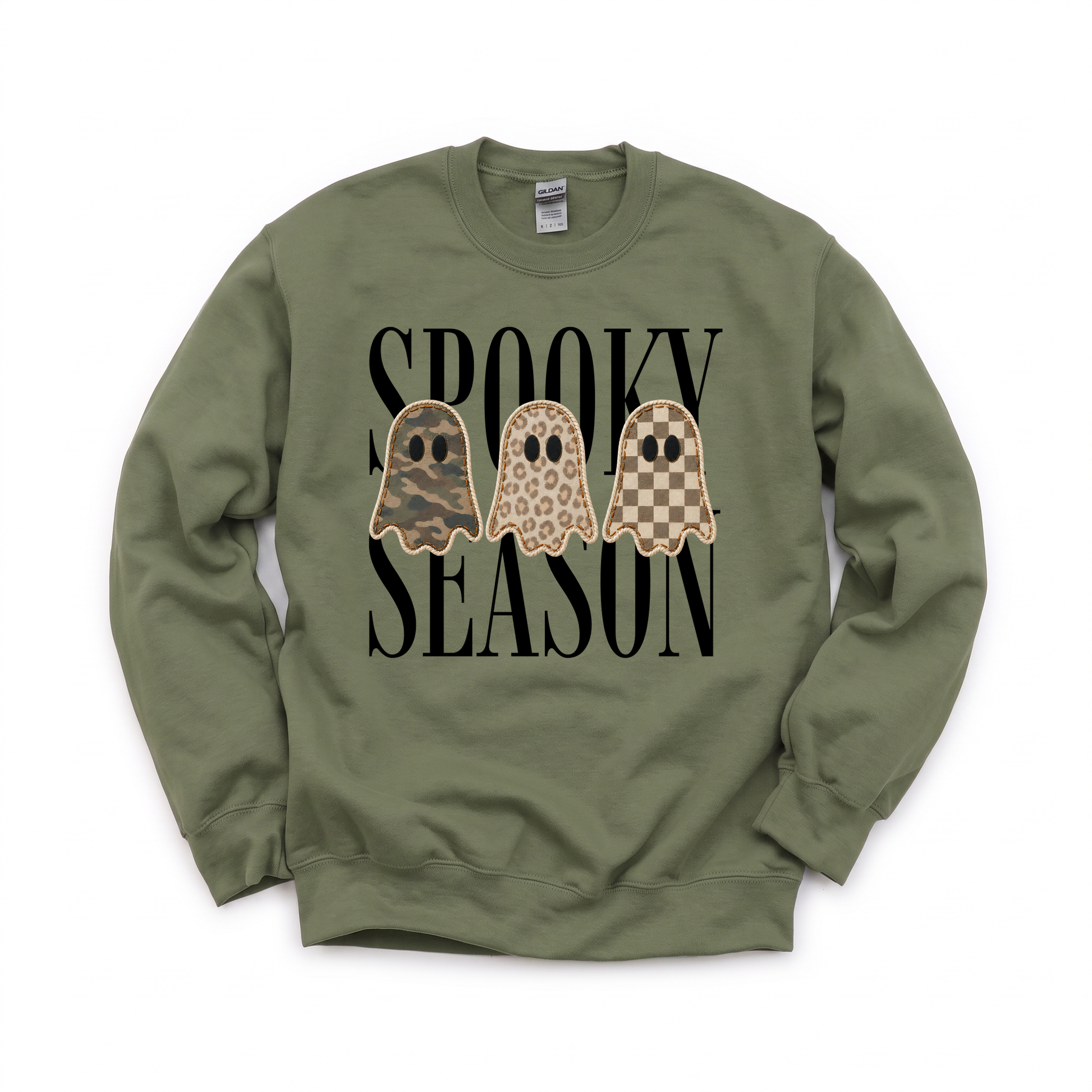 Spooky Season Ghosts graphic on Gildan 18000 in Military Green