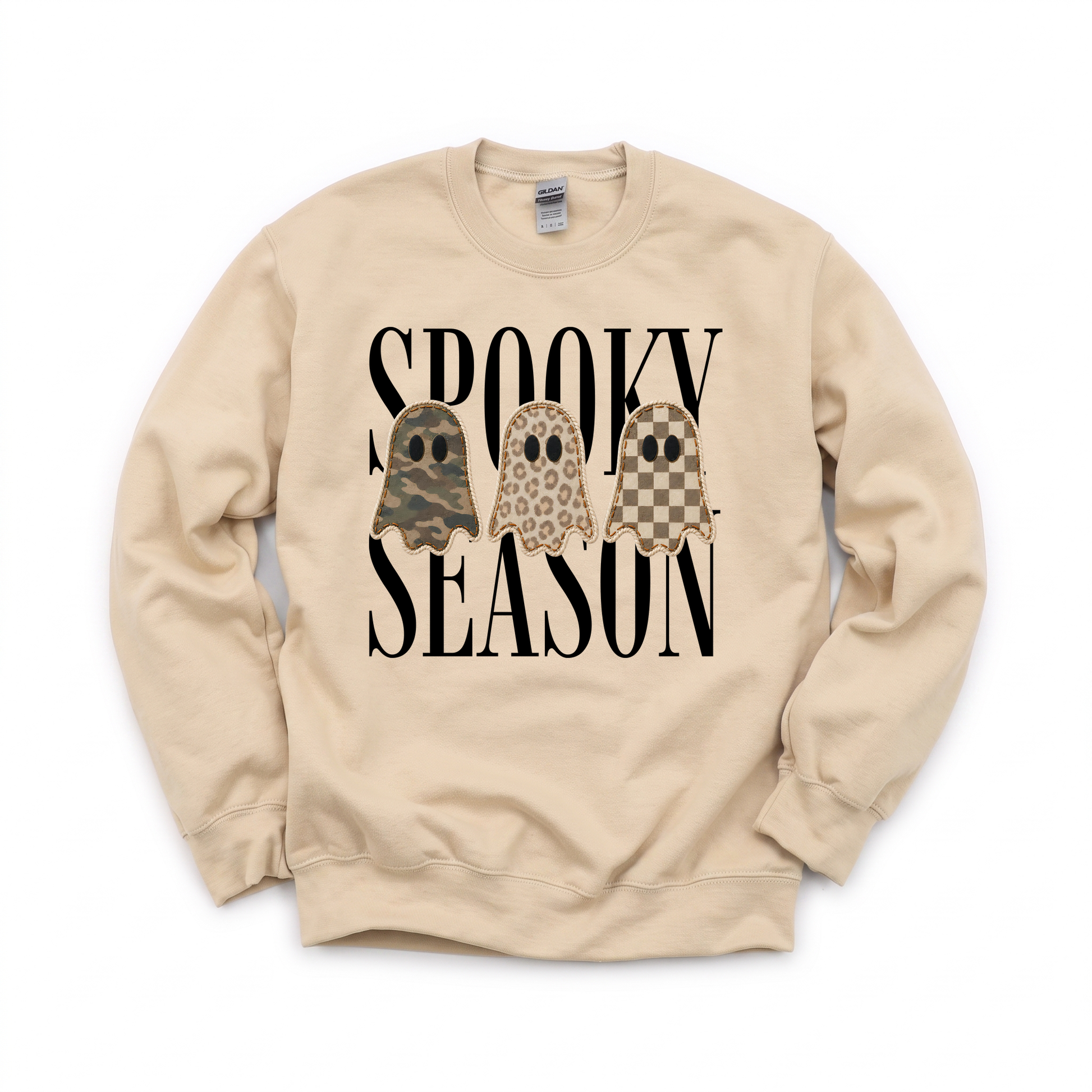 Spooky Season Ghosts graphic on Gildan 18000 in Sand