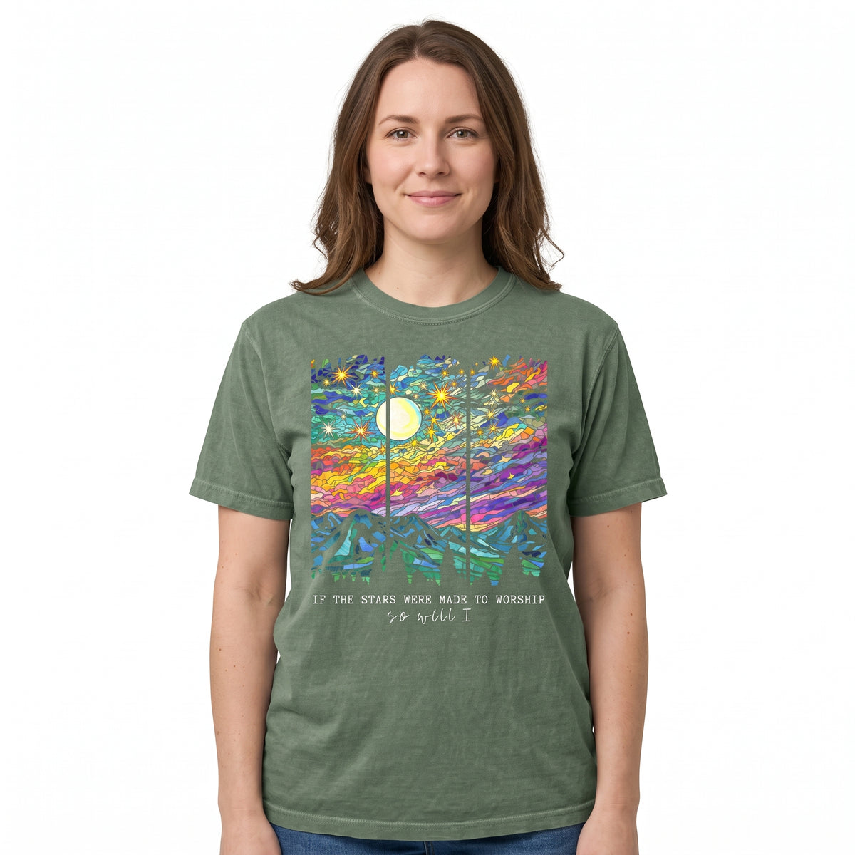 Model wearing the Stained Glass Mountain Night comfort colors tee in Moss, cover image 1