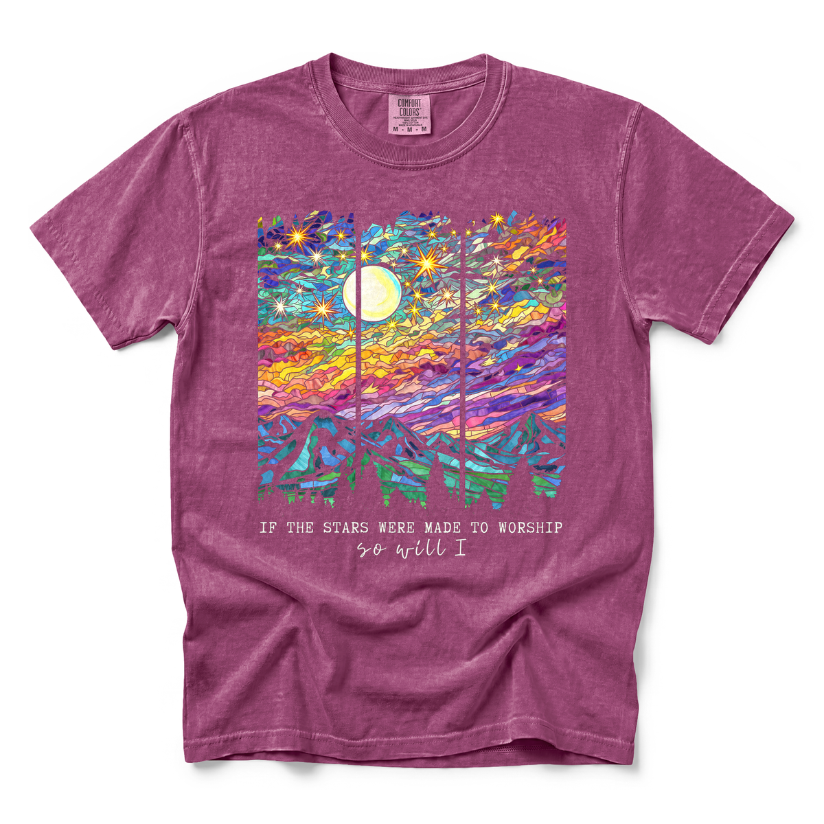 Stained Glass Mountain Night graphic on Comfort Colors 1717 in Berry