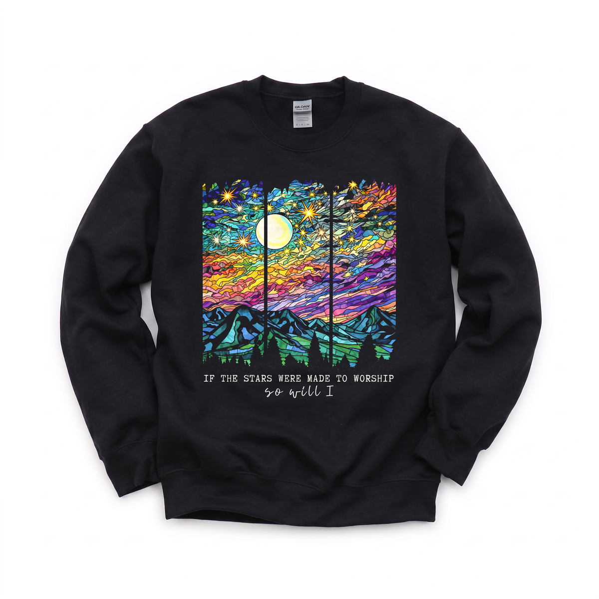 Stained Glass Mountain Night graphic on Gildan 18000 in Black