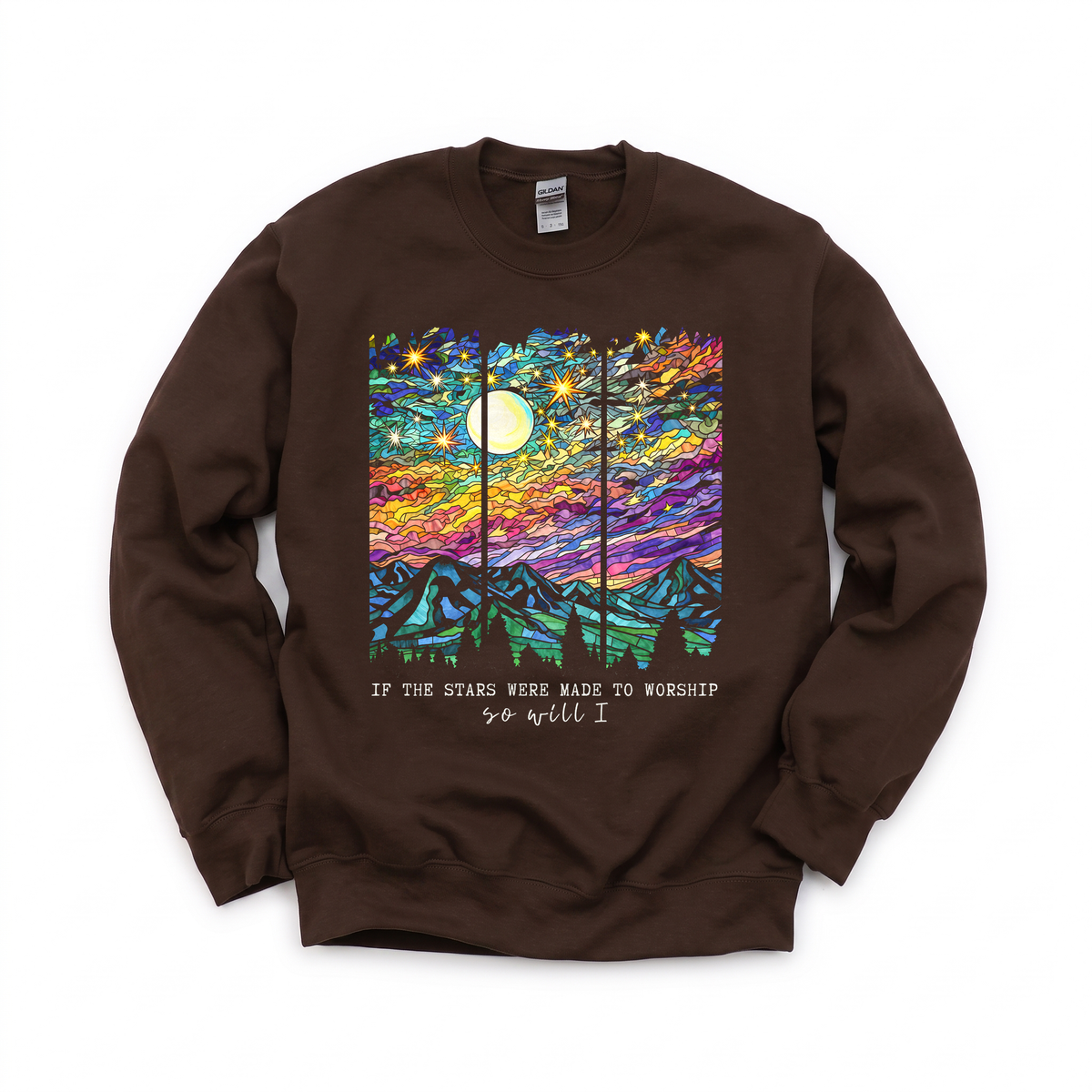 Stained Glass Mountain Night graphic on Gildan 18000 in Dark Chocolate