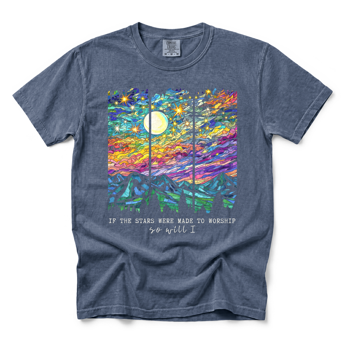 Stained Glass Mountain Night graphic on Comfort Colors 1717 in Denim
