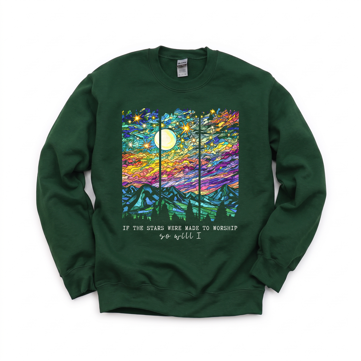 Stained Glass Mountain Night graphic on Gildan 18000 in Forest Green