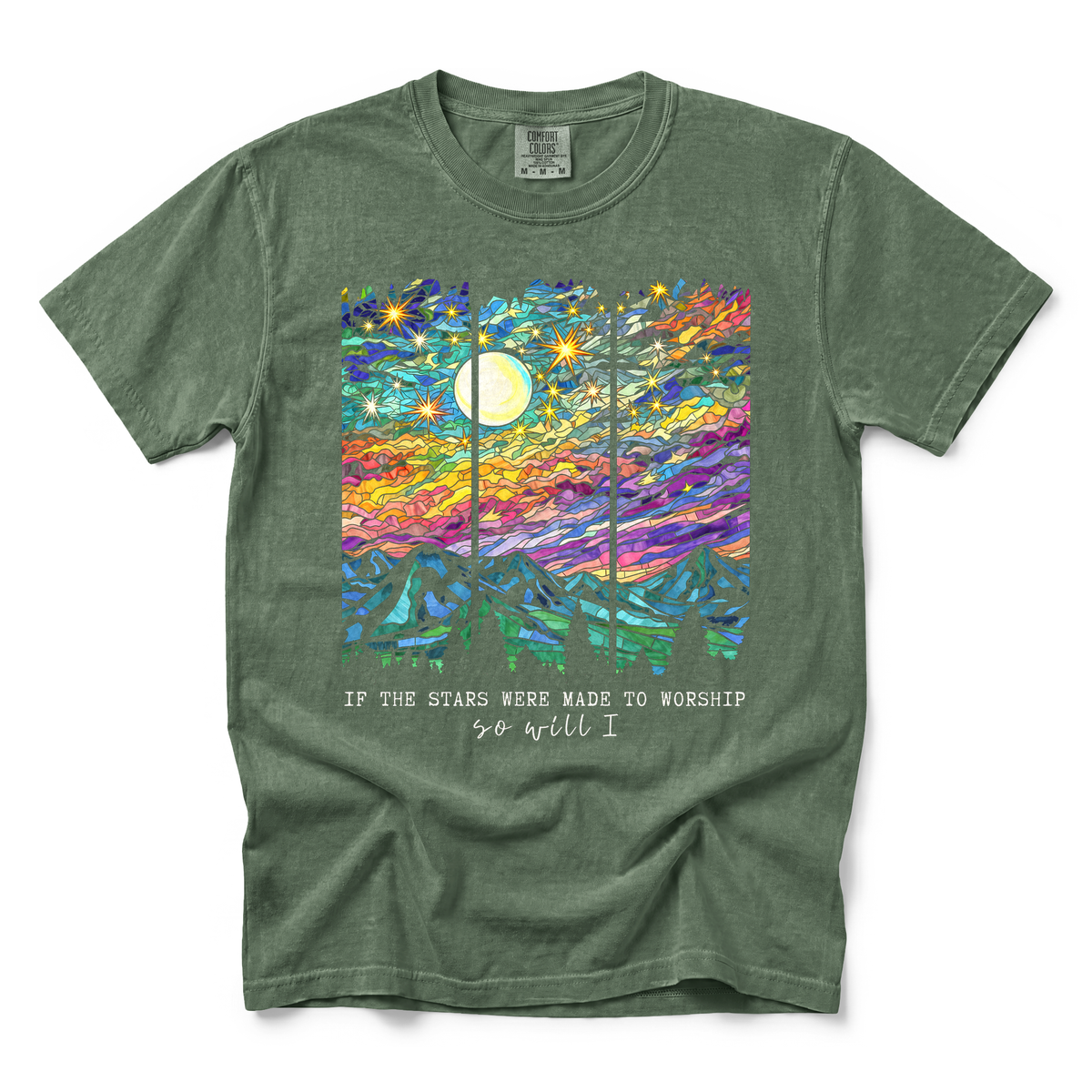 Stained Glass Mountain Night graphic on Comfort Colors 1717 in Moss