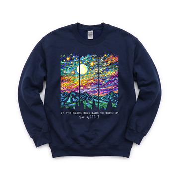 Stained Glass Mountain Night graphic on Gildan 18000 in Navy
