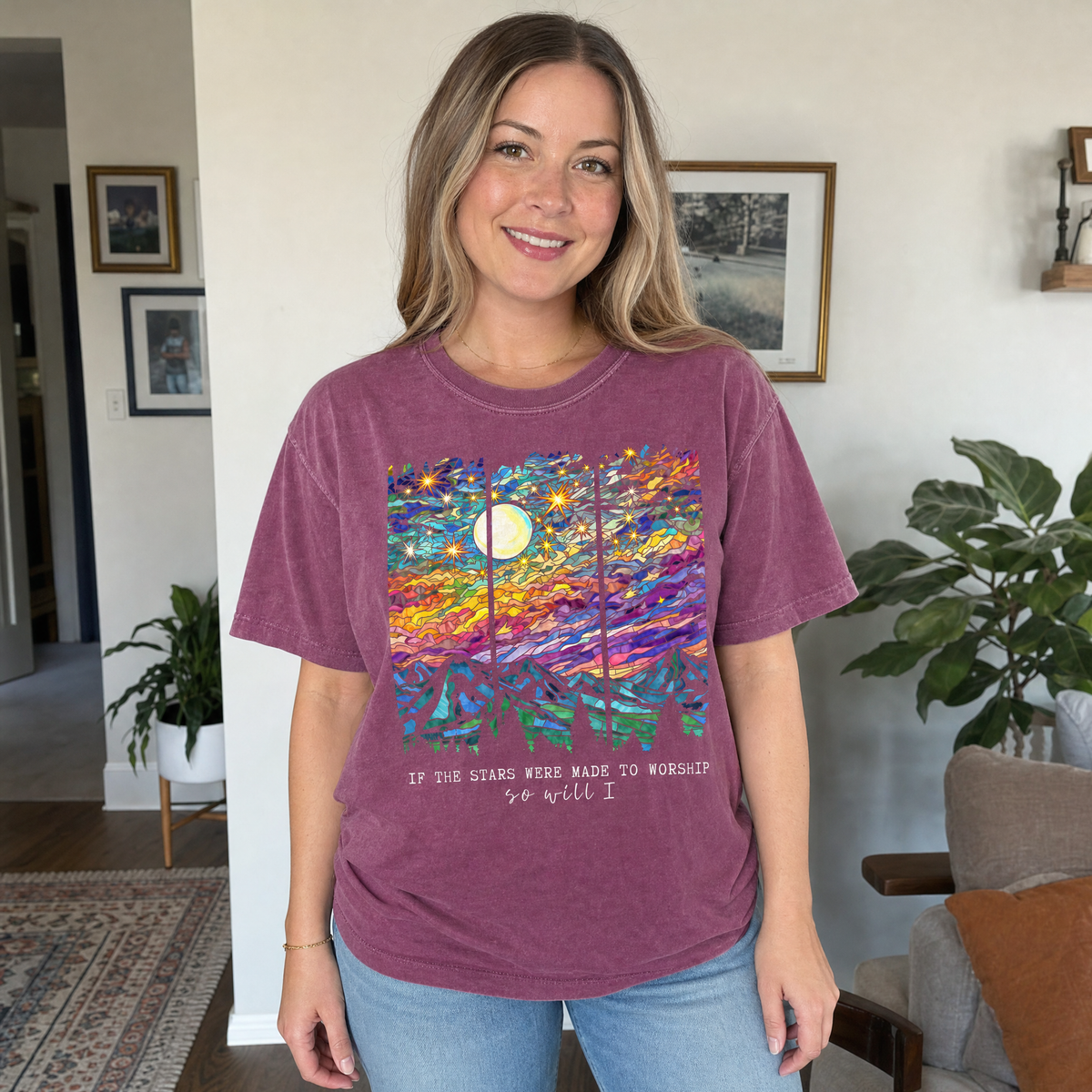 Model wearing the Stained Glass Mountain Night comfort colors tee in Berry